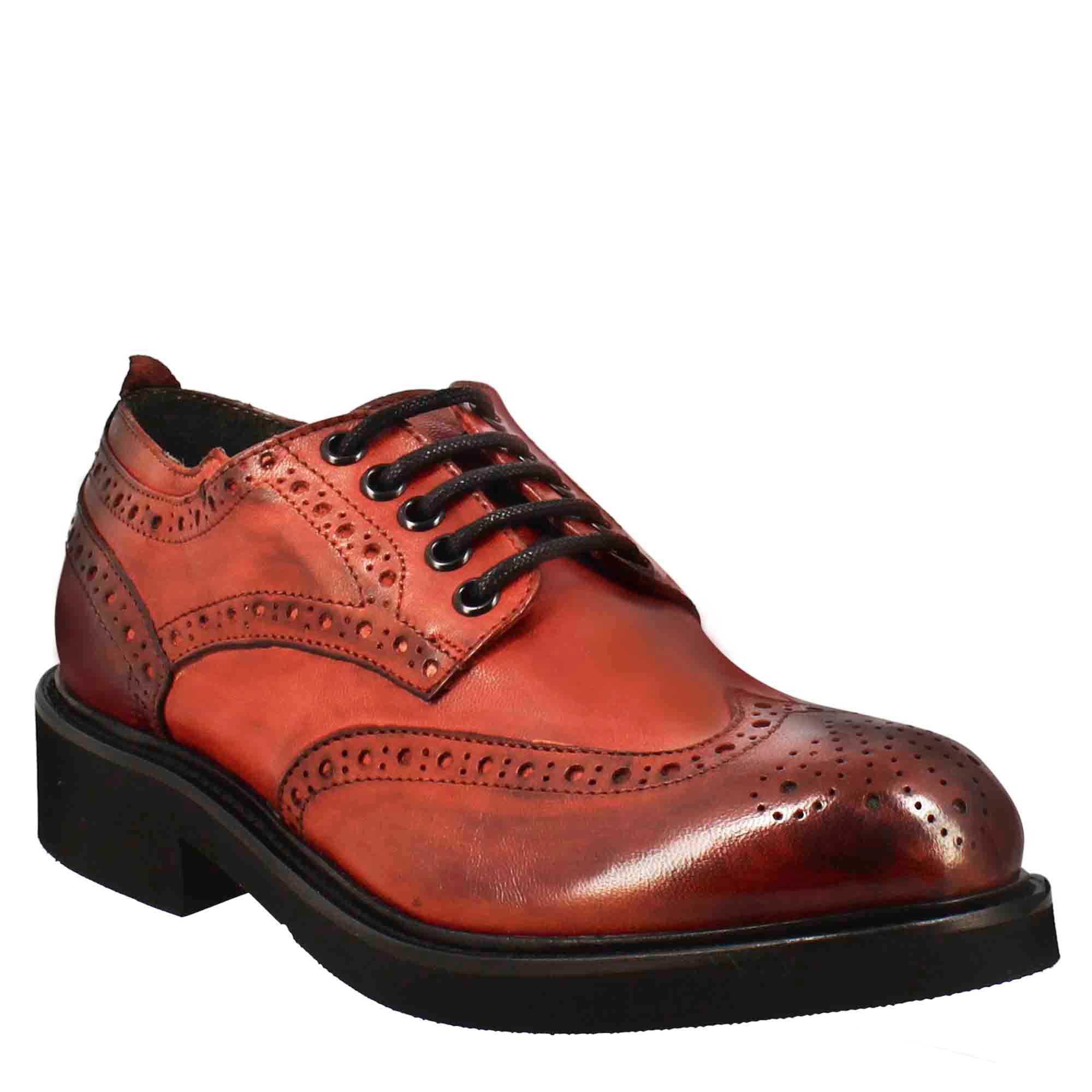 Women s derby with paupa brogue details in red washed leather