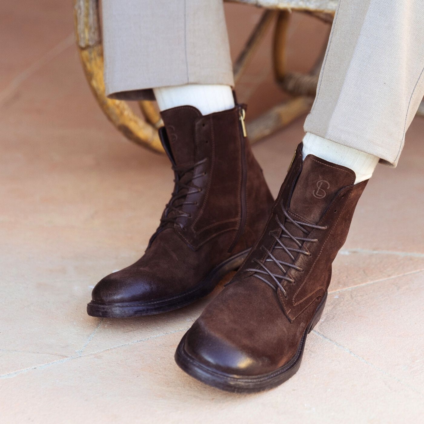 Men's ankle boots in genuine suede leather dark brown vintage effect