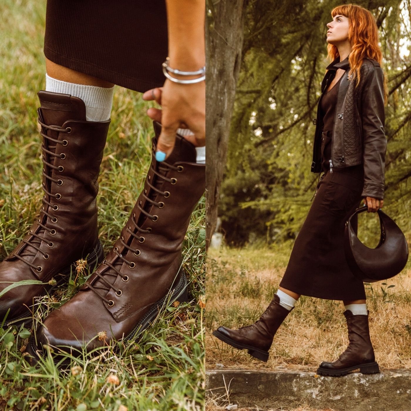 Dark brown genuine leather women's ankle boot with lace-up