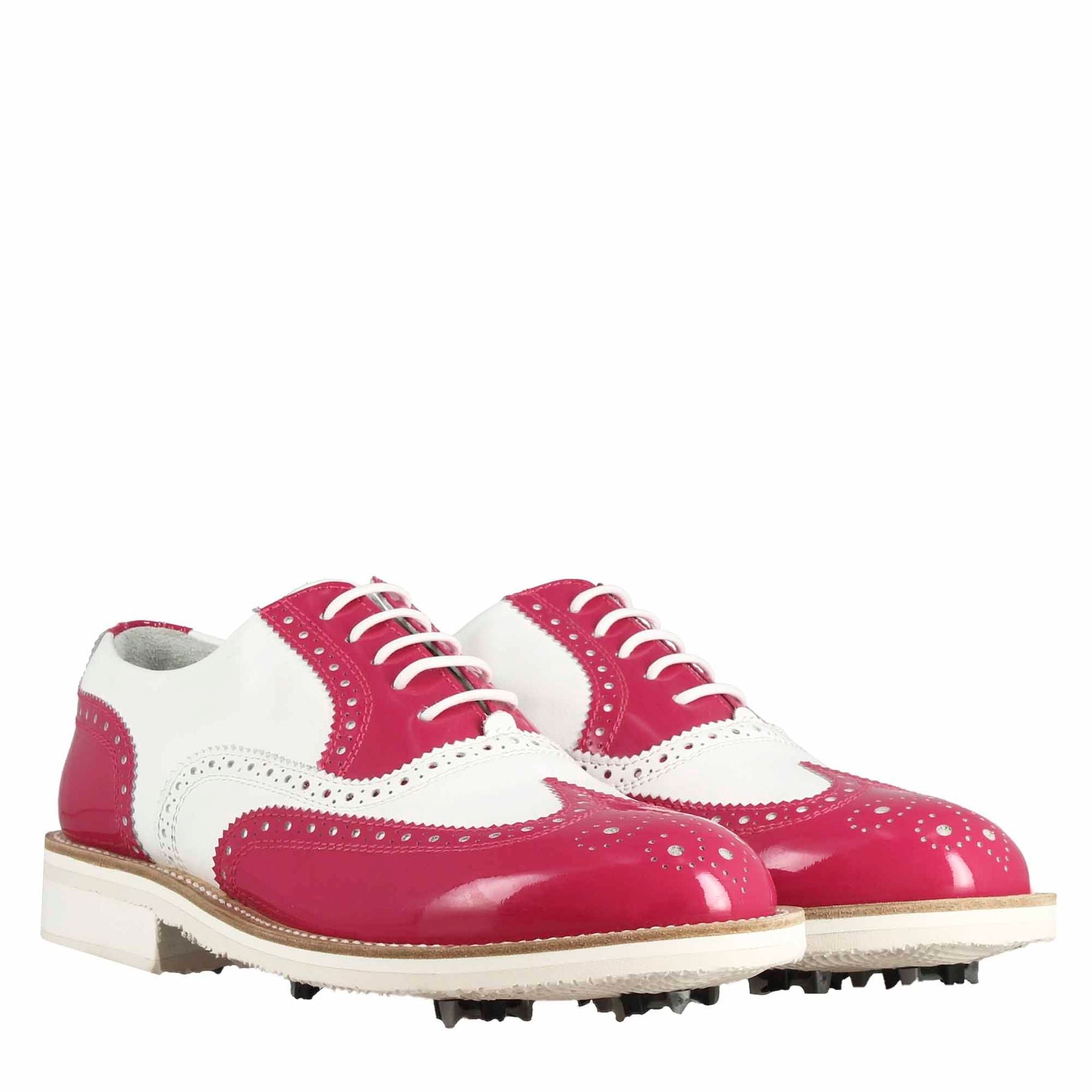 Handgefertigte Damen-Golfschuhe aus glänzendem weiß-rosa Leder