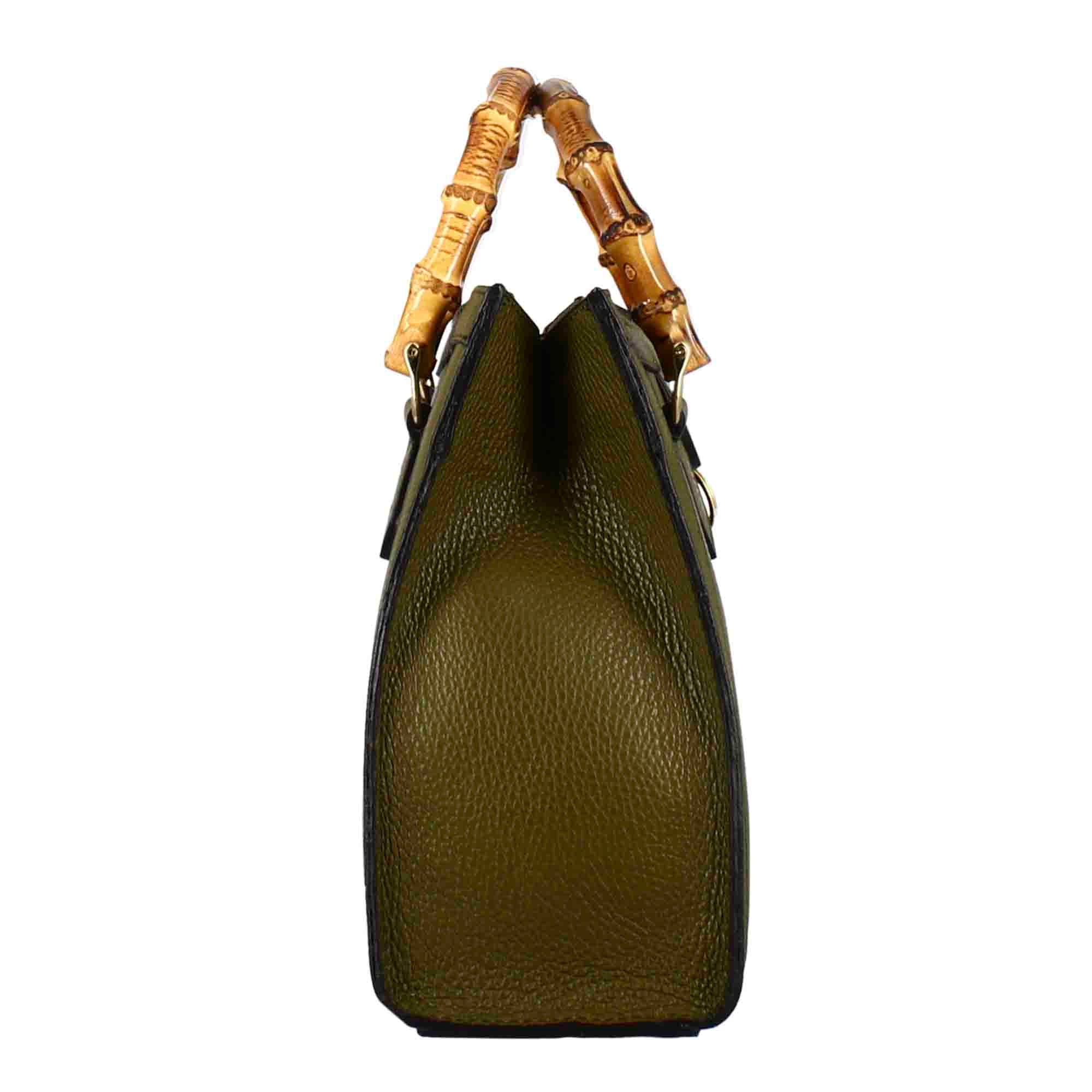 Women's green leather Bamboo bag with wooden handles and shoulder strap