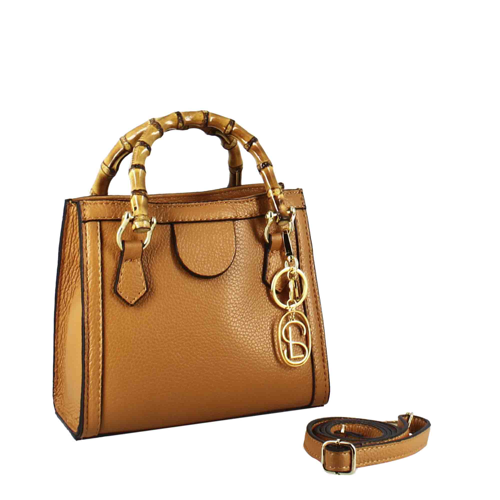 Brown leather mini Bamboo handbag for women with wooden handles and shoulder strap