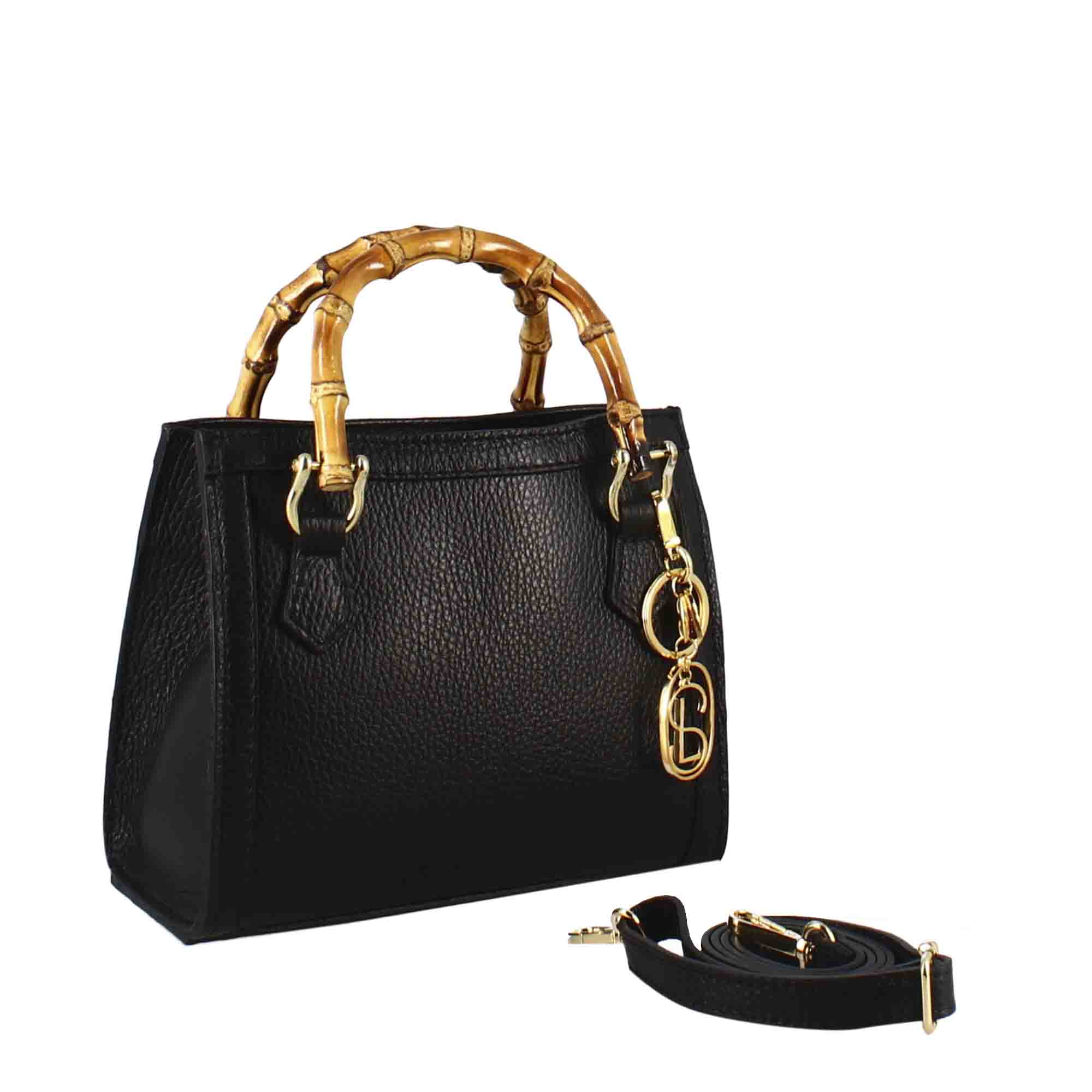 Sac en cuir noir Bamboo pour femme avec poignées en bois et bandoulière