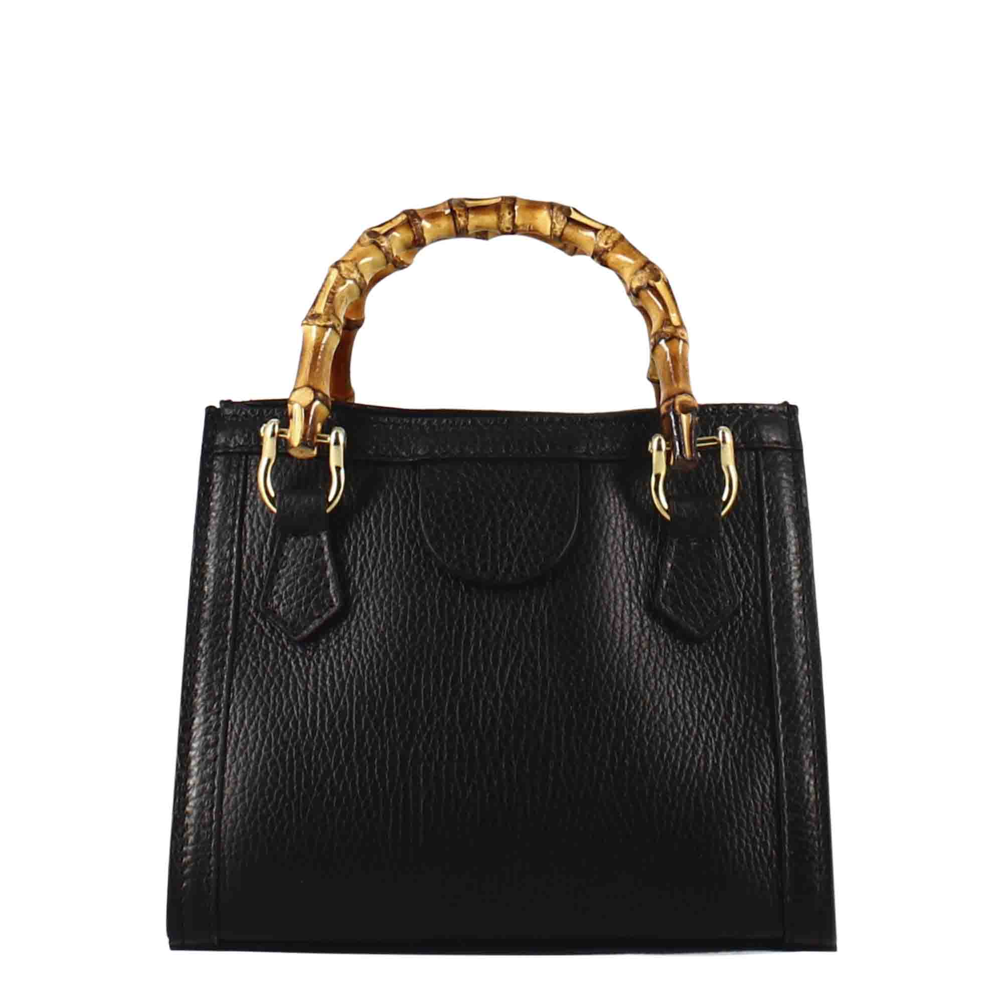 Borsa Bamboo da donna in pelle colore nero con manici in legno e tracolla