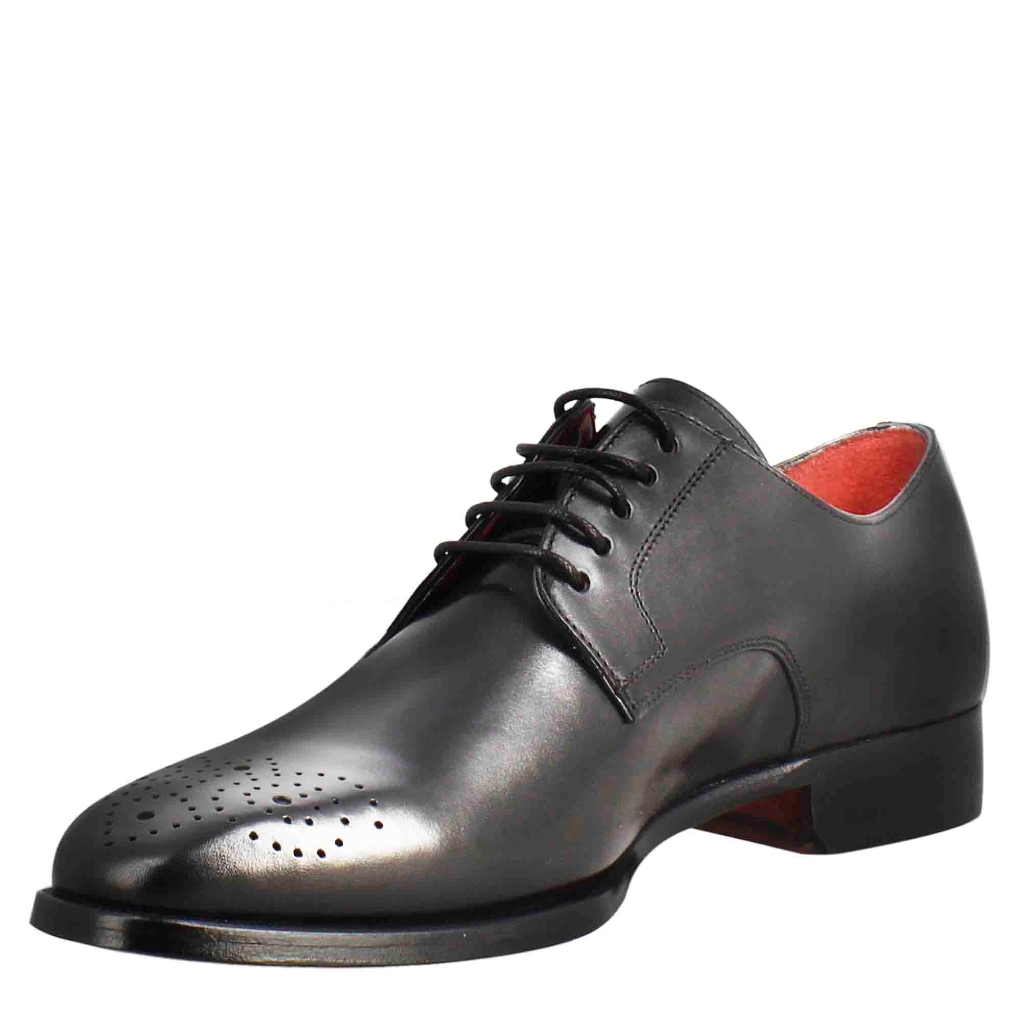 Men's Derby in smooth black leather with square toe and design