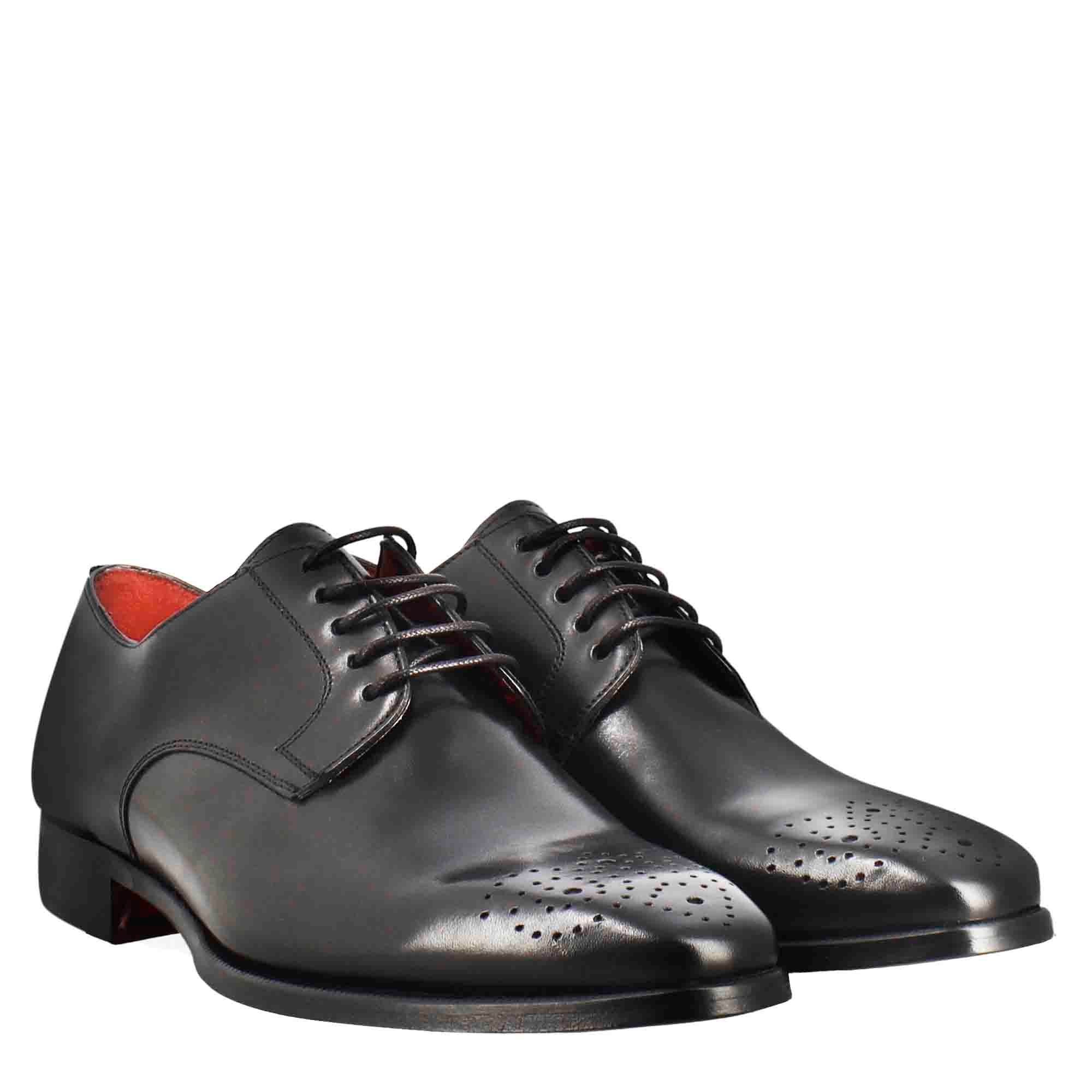 Men's Derby in smooth black leather with square toe and design