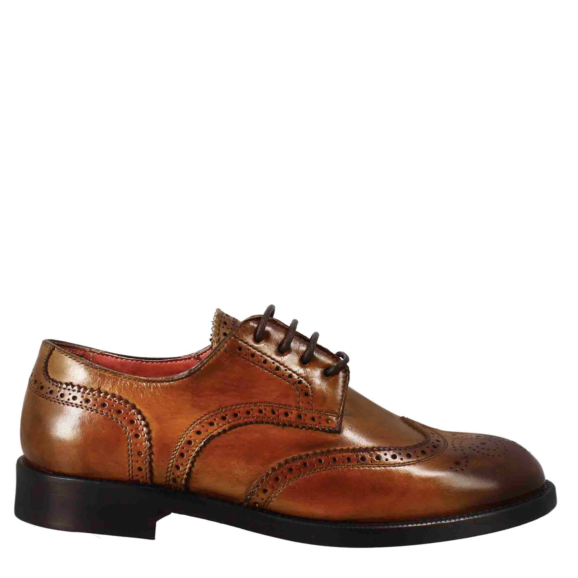 Women's derby with brogue effect in light brown leather