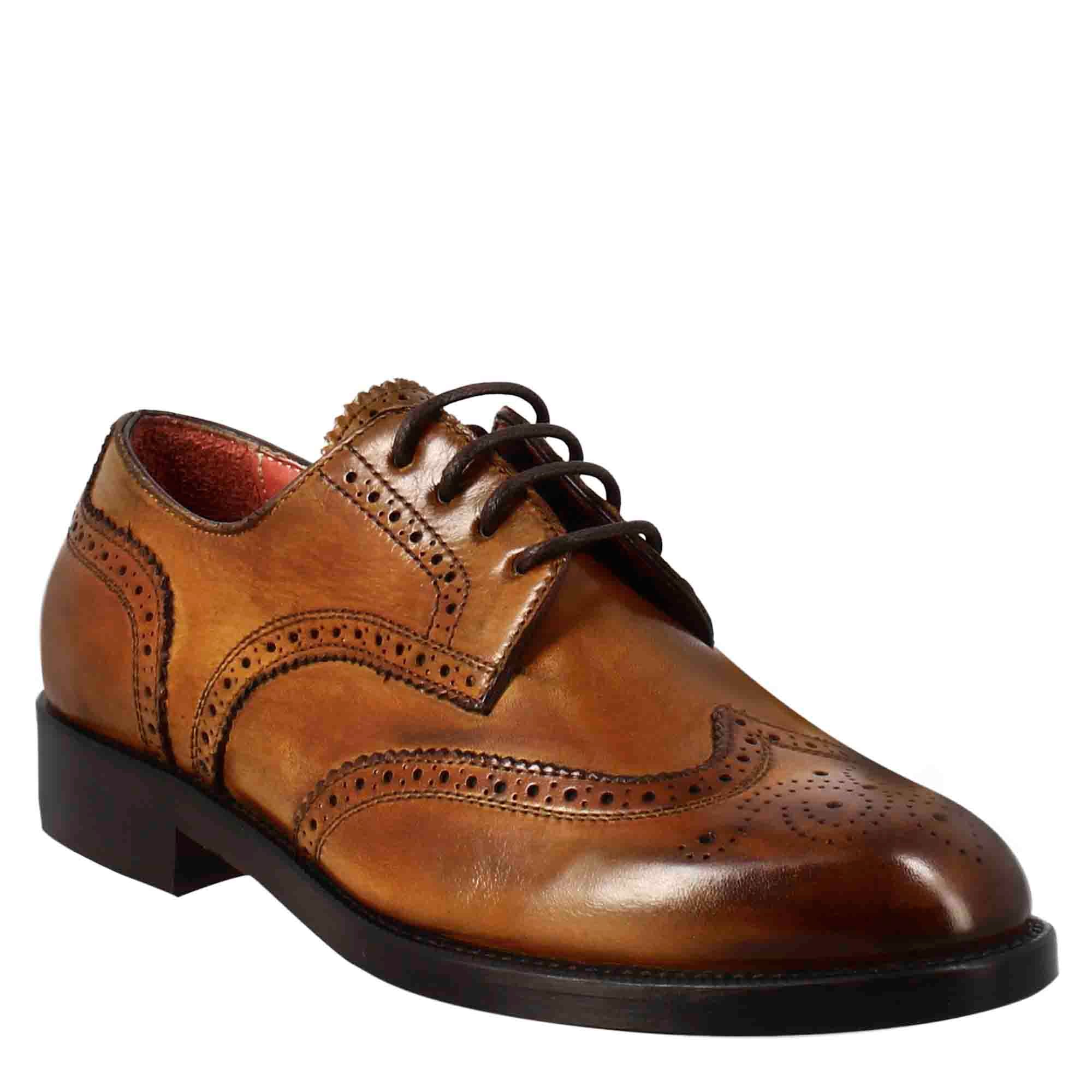 Women's derby with brogue effect in light brown leather