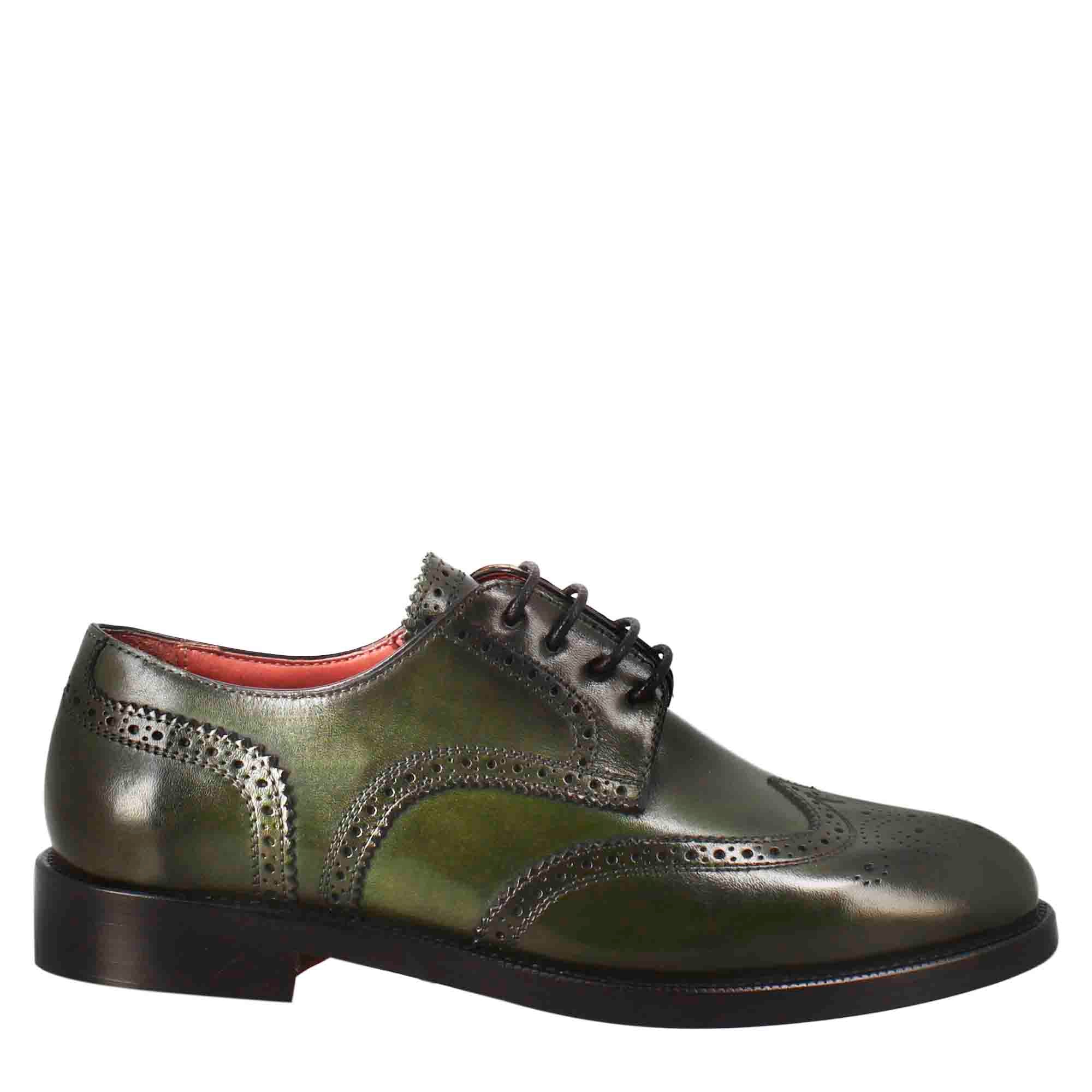 Women's derby with brogue effect in dark green leather