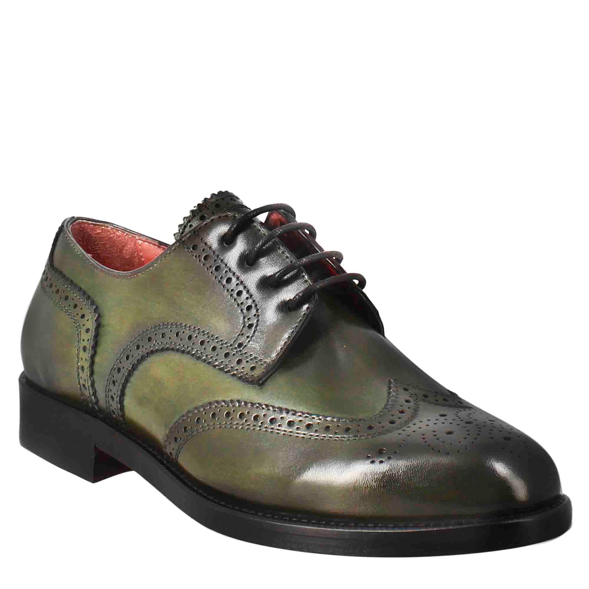 Derby da donna con effetto brogue in pelle colore verde scuro