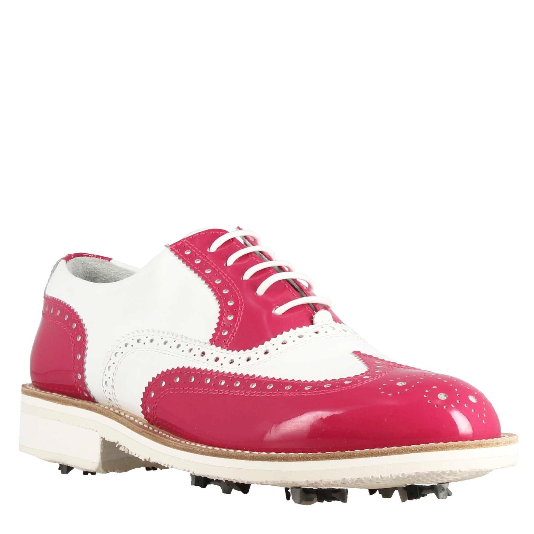 Handgefertigte Damen-Golfschuhe aus glänzendem weiß-rosa Leder