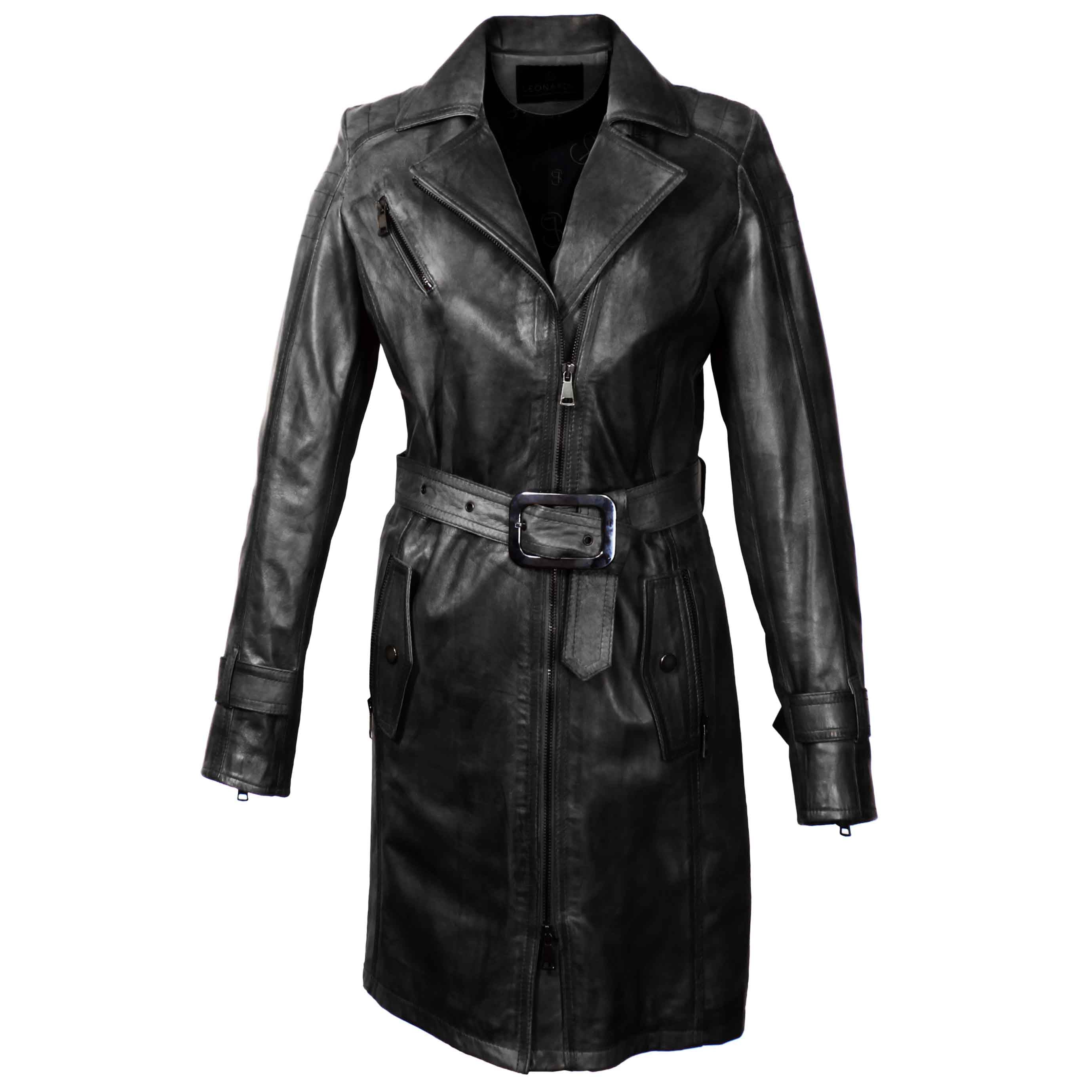 Giacca lunga da donna in pelle nera