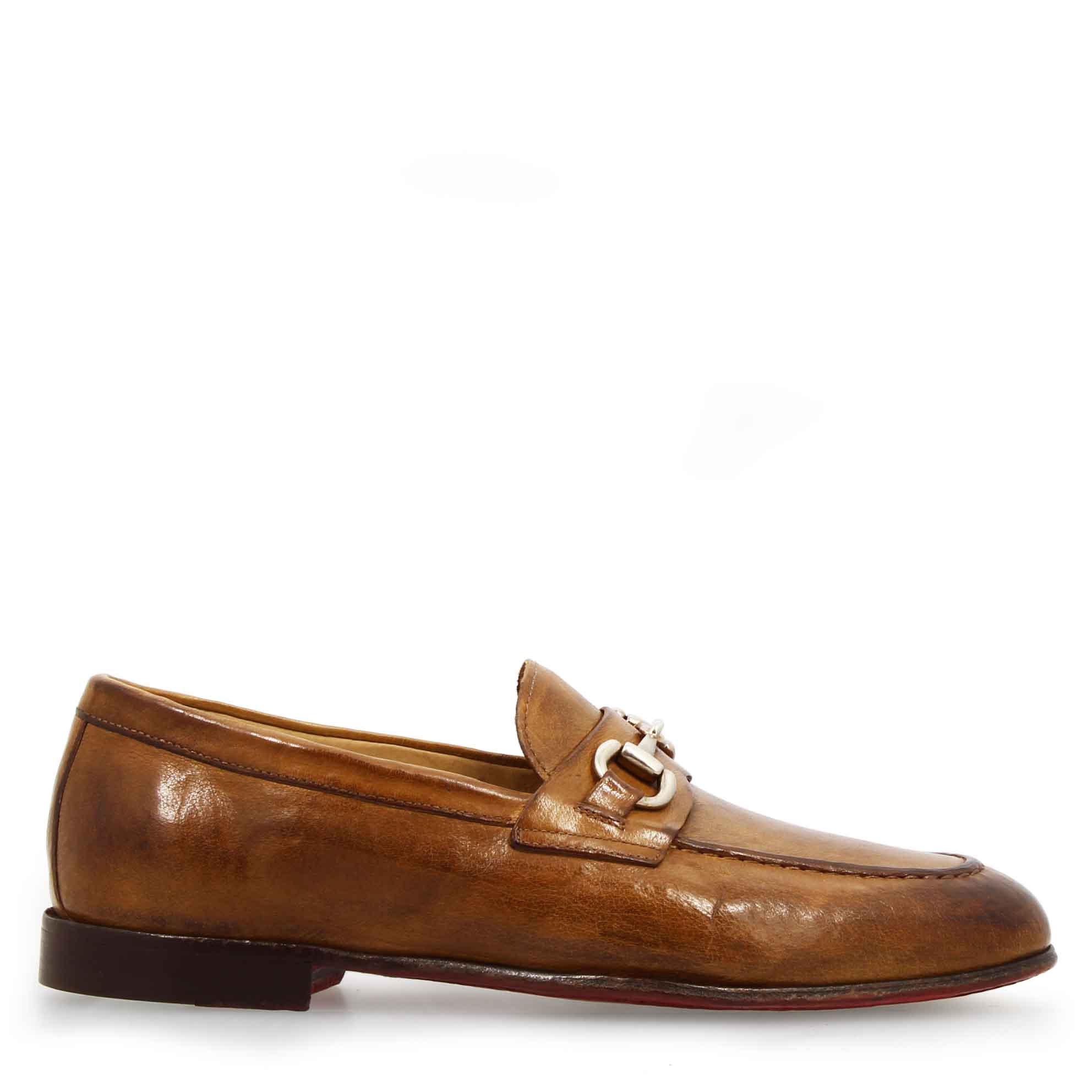 Men's Brown Handmade Loafer with Buckle in Fine Leather