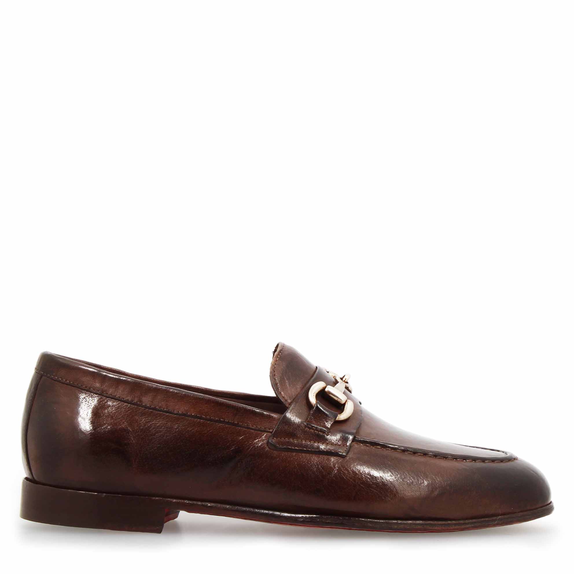 Dark Brown Handmade Men's Loafer with Buckle in Fine Leather