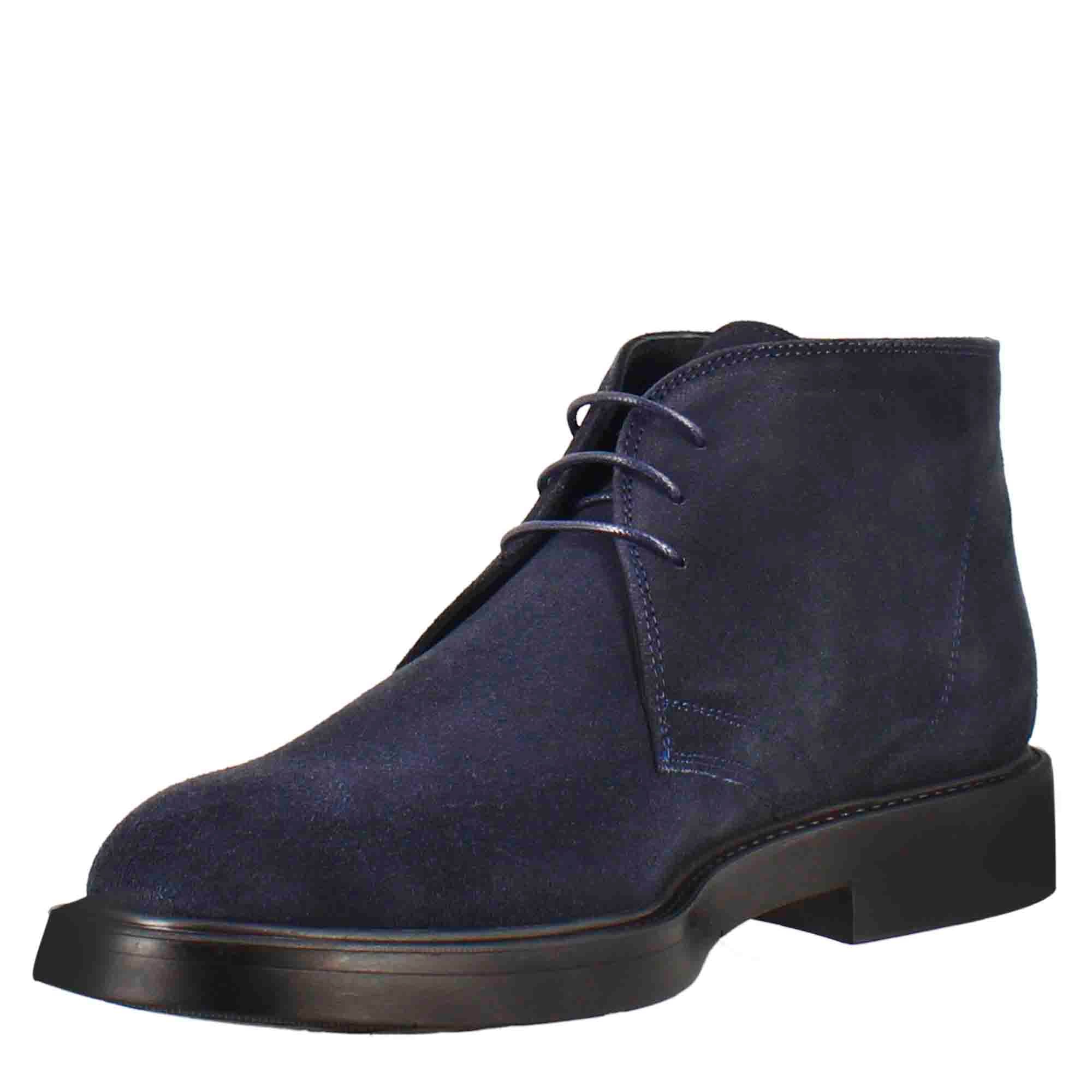 Smooth men's ankle boot in dark blue suede leather