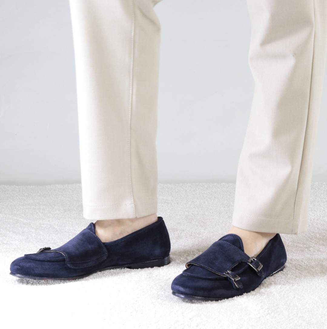 Men's moccasin in blue suede with double buckle