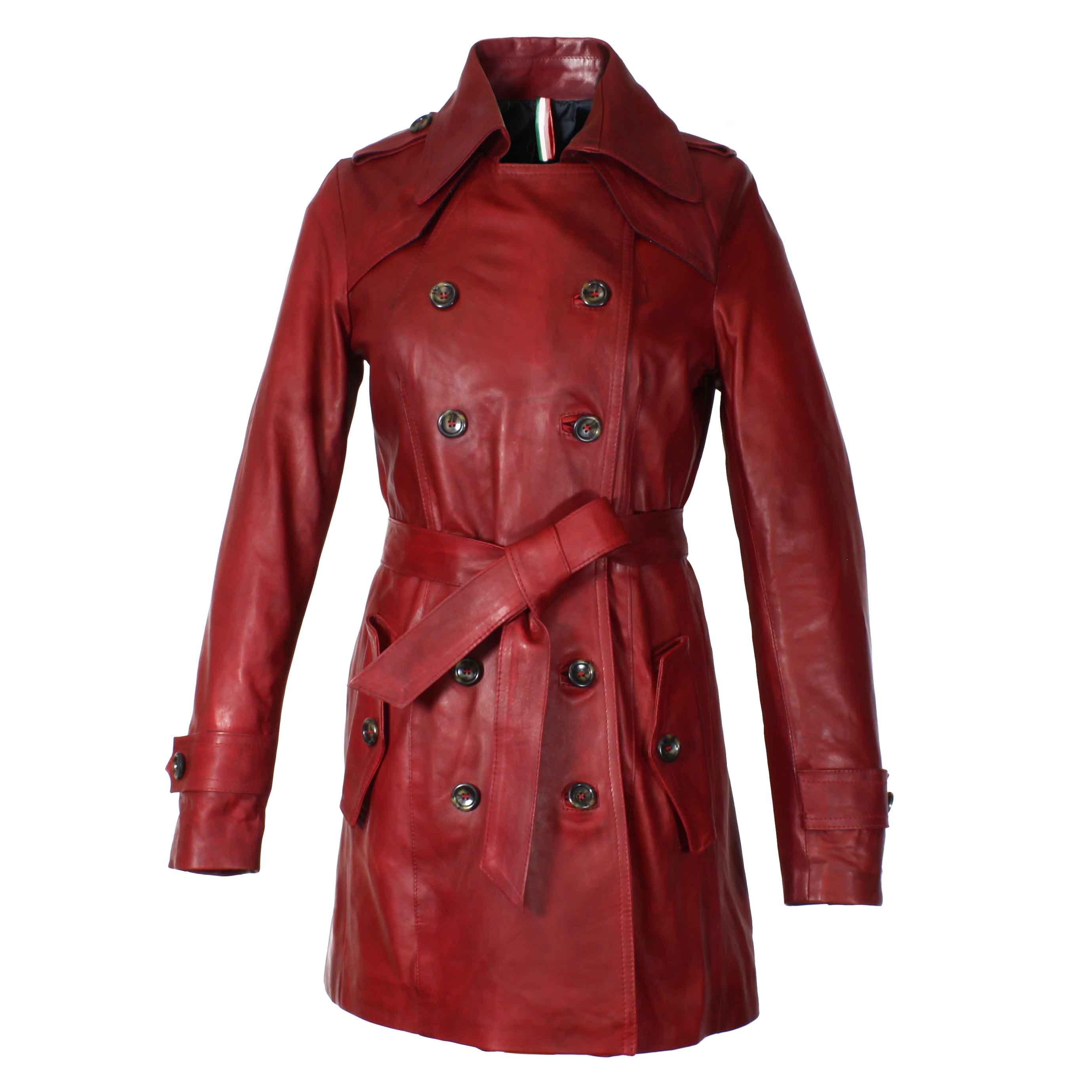 Giacca da donna stile trench in pelle alta qualità colore rosso