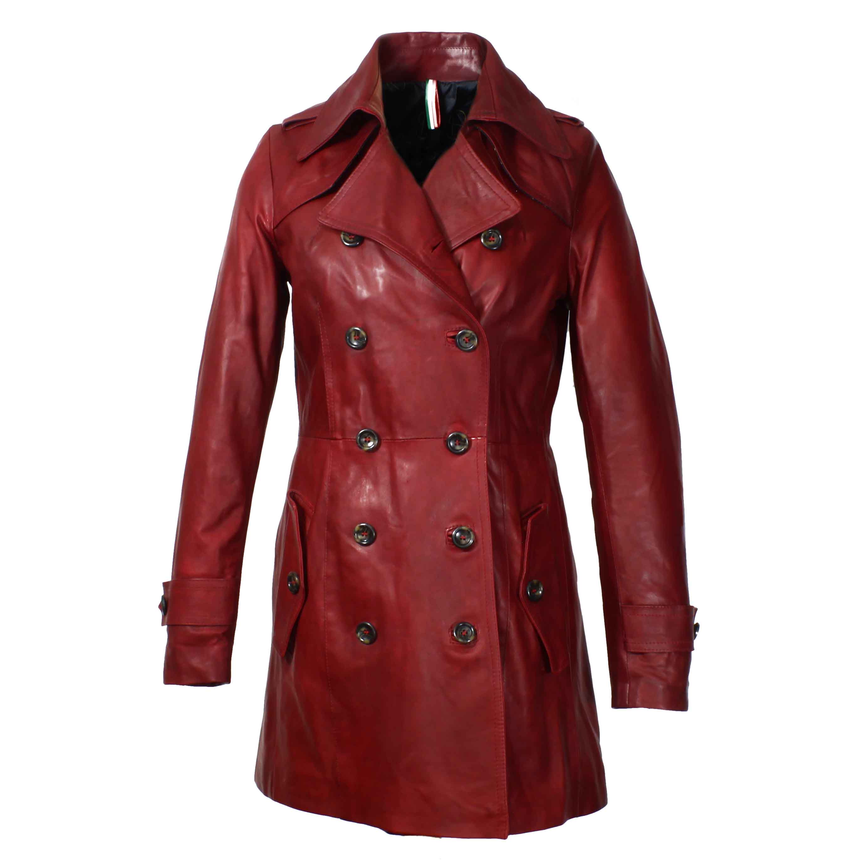 Giacca da donna stile trench in pelle alta qualità colore rosso