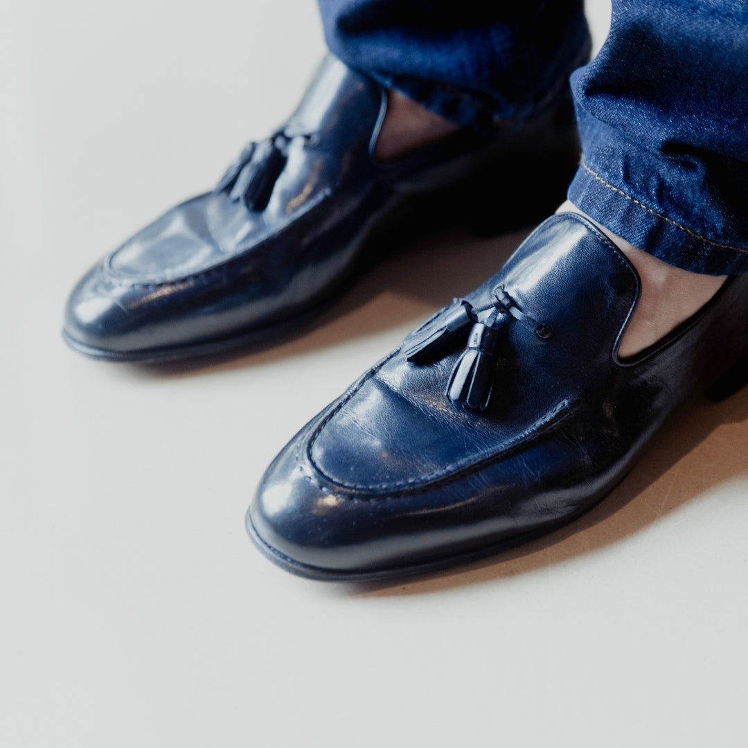 Handmade Men's Blue Leather Tassel Loafer