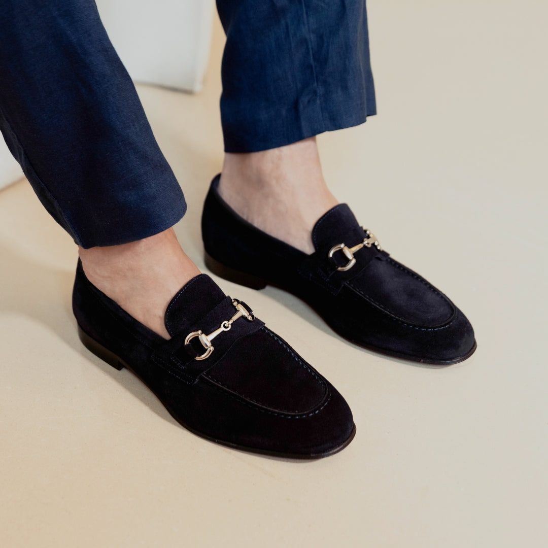 Handmade blue suede men's loafer with buckle