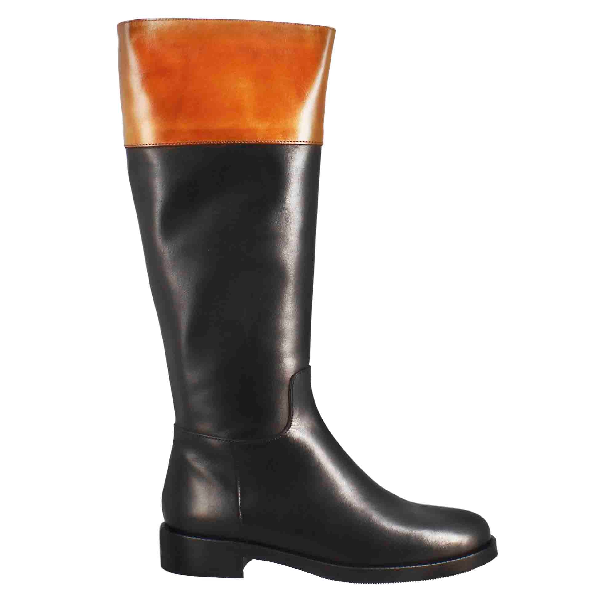 Smooth women's knee-high boot with low heel in brown and black leather