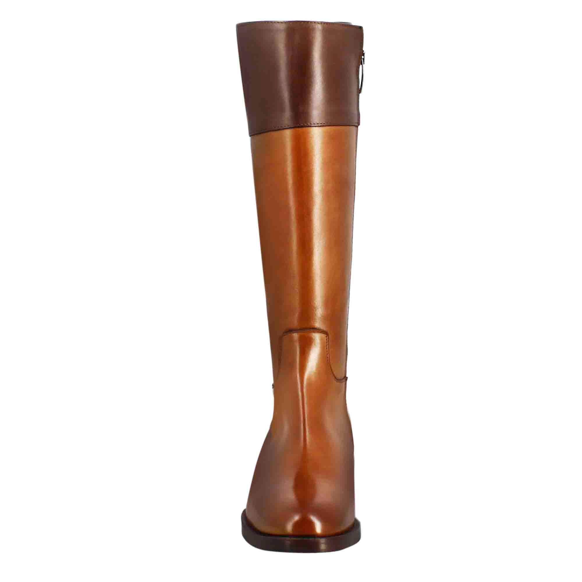 Botte haute femme lisse à petit talon en cuir marron et marron foncé