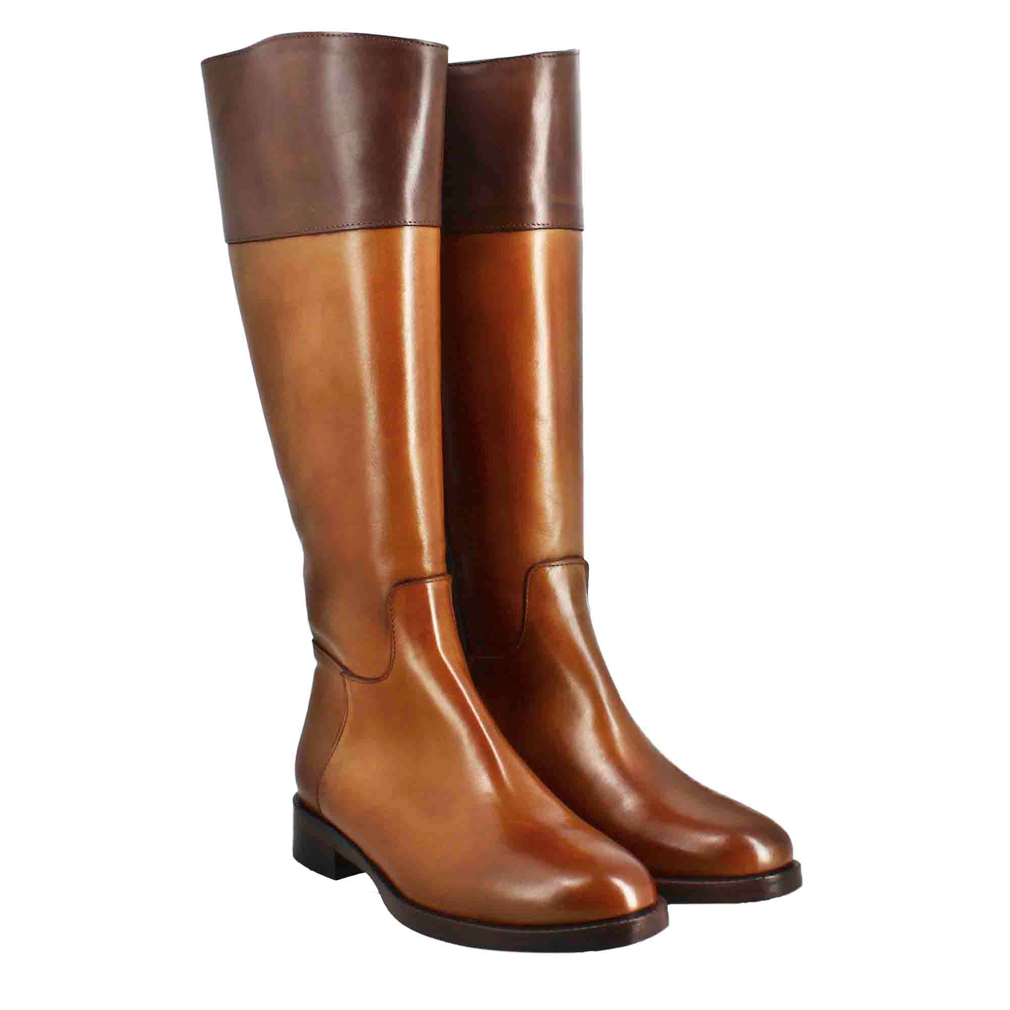 Botte haute femme lisse à petit talon en cuir marron et marron foncé