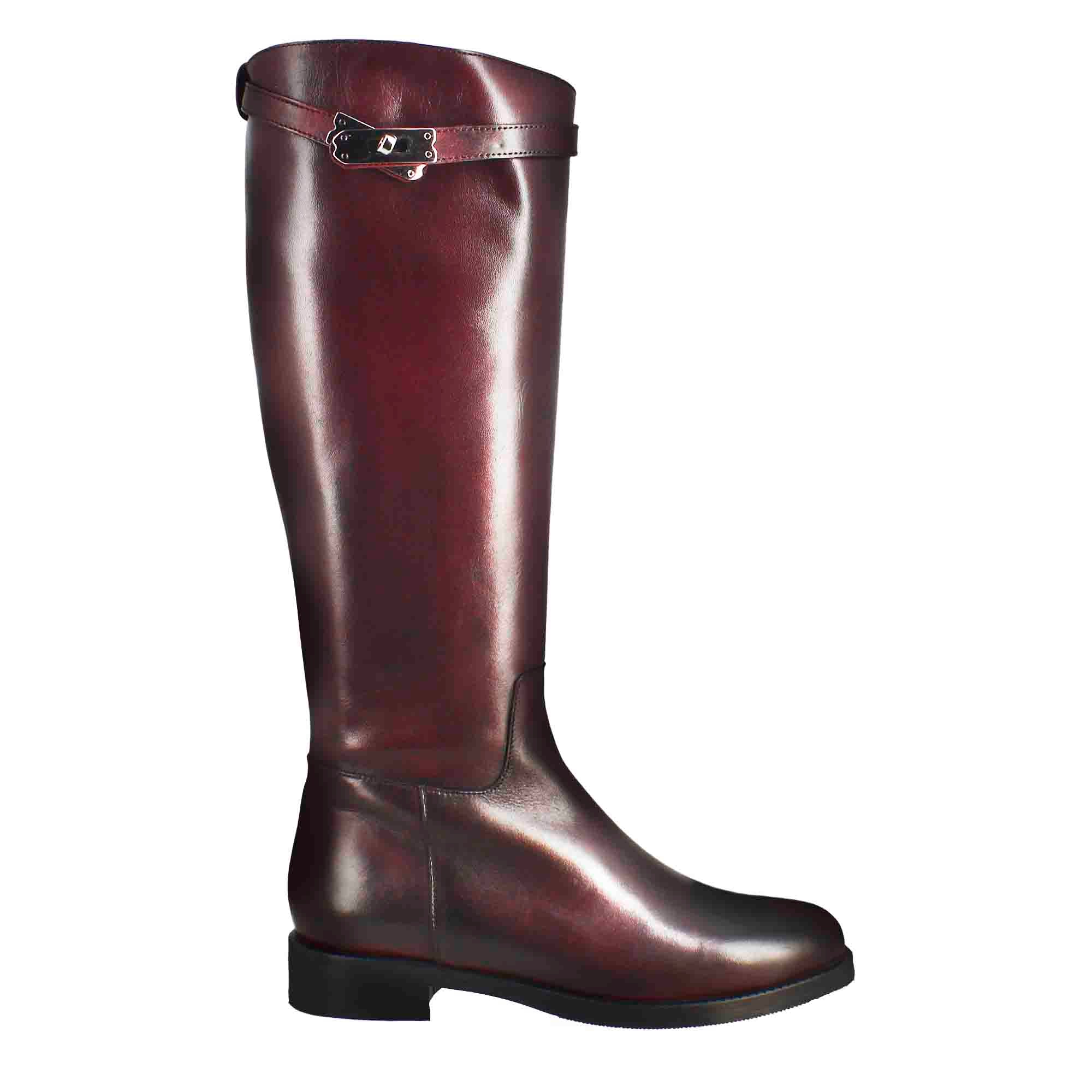 Smooth women's knee-high boot with low heel in burgundy leather