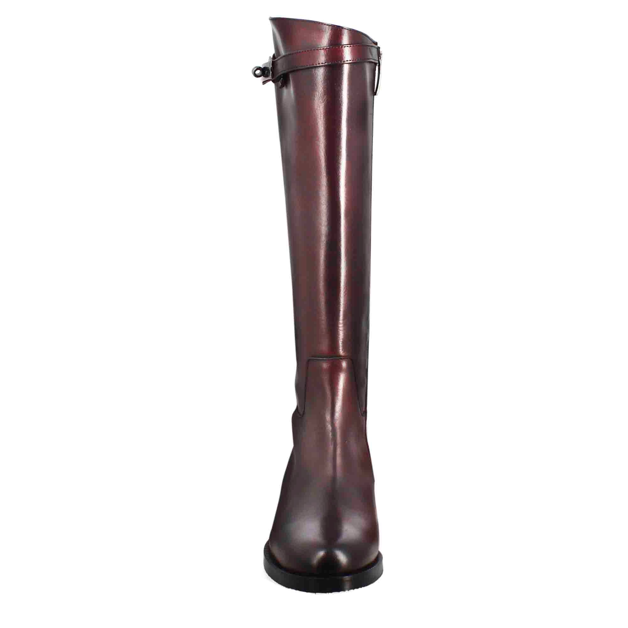 Smooth women's knee-high boot with low heel in burgundy leather