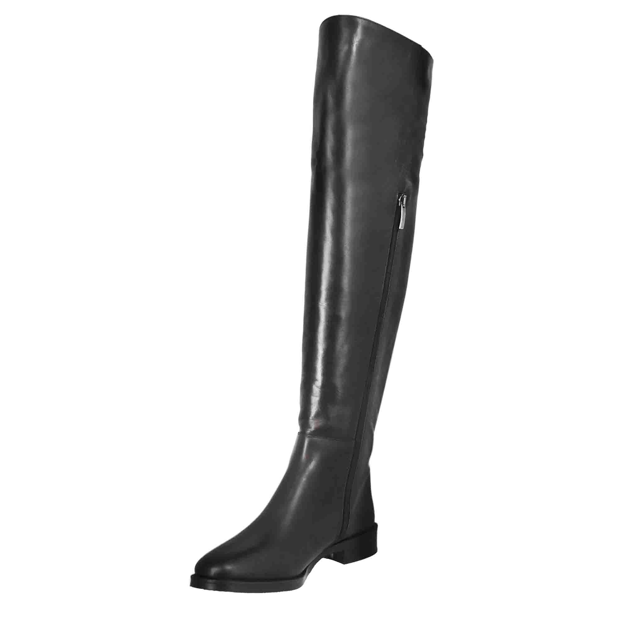 Cuissardes women's over-the-knee boots with low heel in black leather