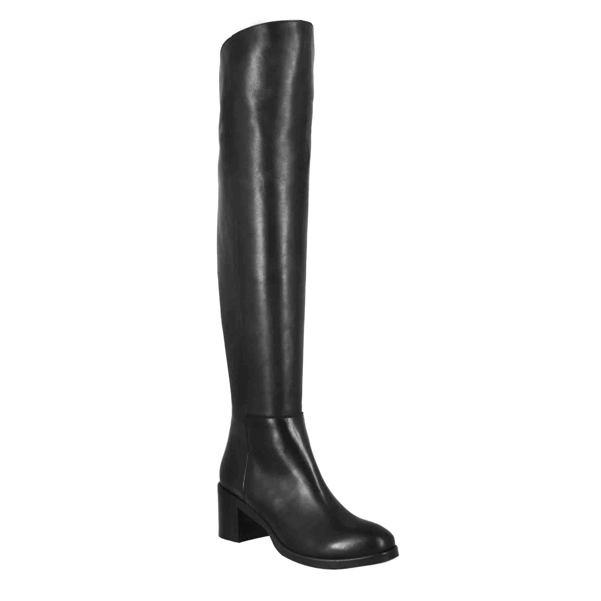 Cuissarde lisse pour femme à talon moyen en cuir noir