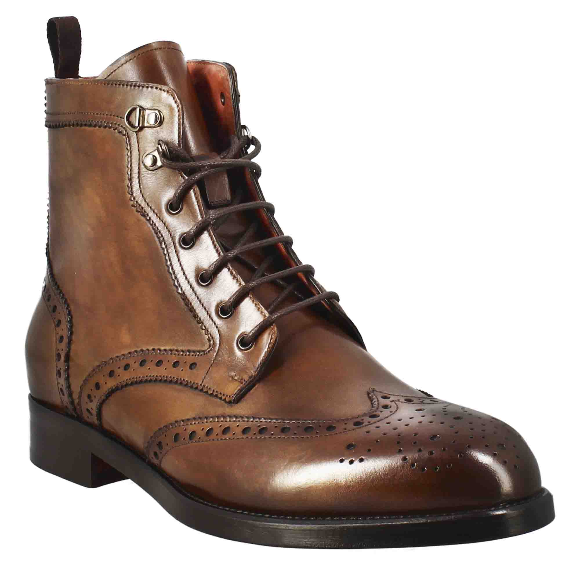 Men's high amphibious brogue boot in tan leather