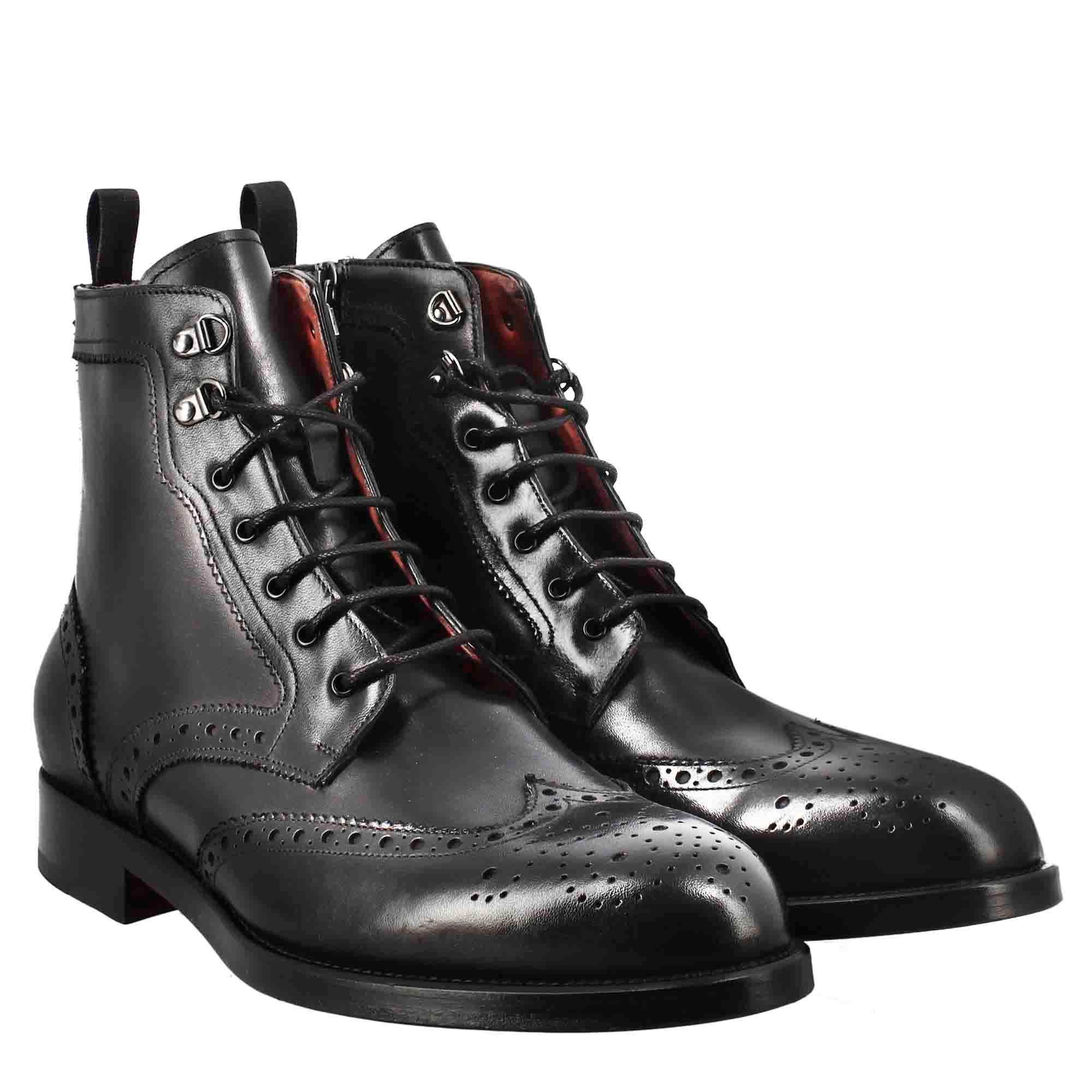 Men's high amphibious brogue boot in black leather