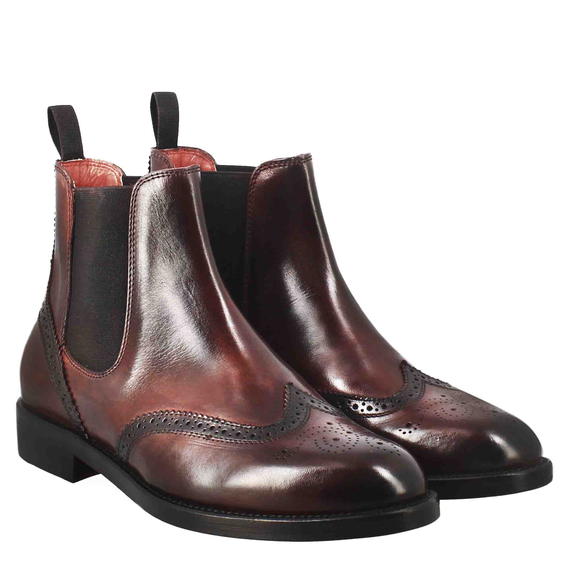 Women's Chelsea boot with brogue details in burgundy leather