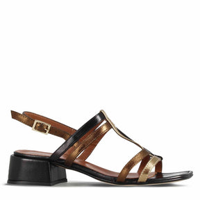 Women's sandal with black and gold leather bands
