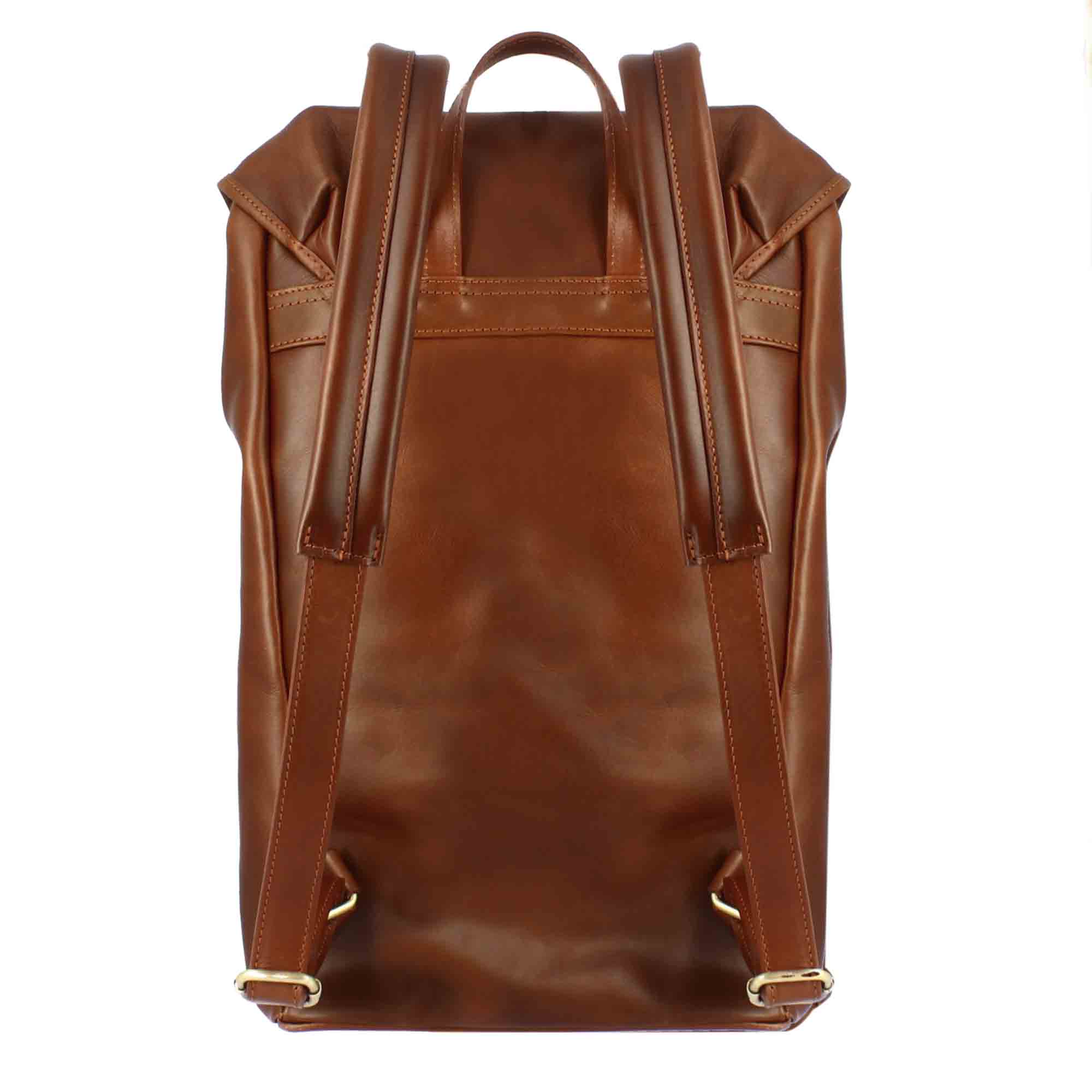 Brown leather travel backpack with buckles