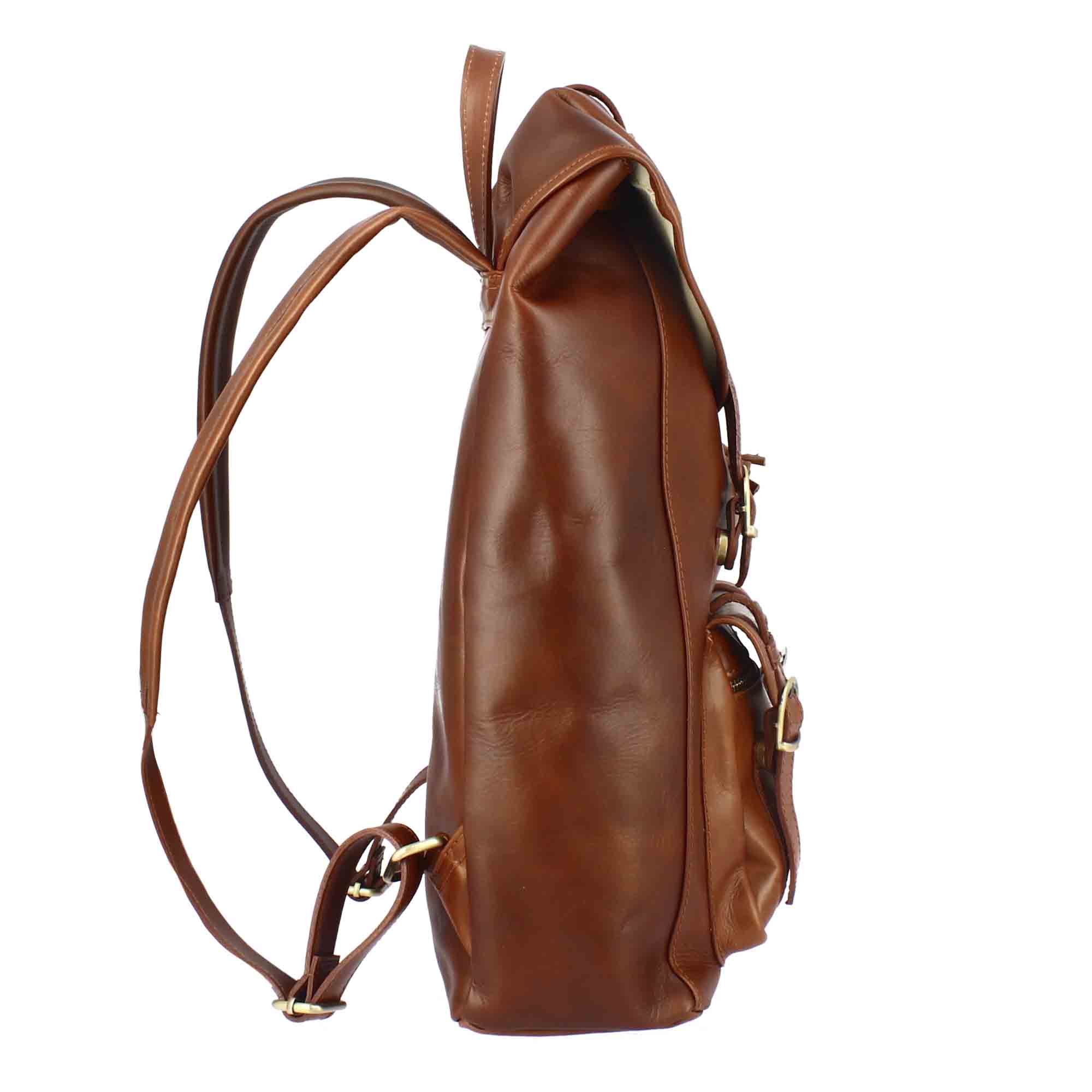 Brown leather travel backpack with buckles