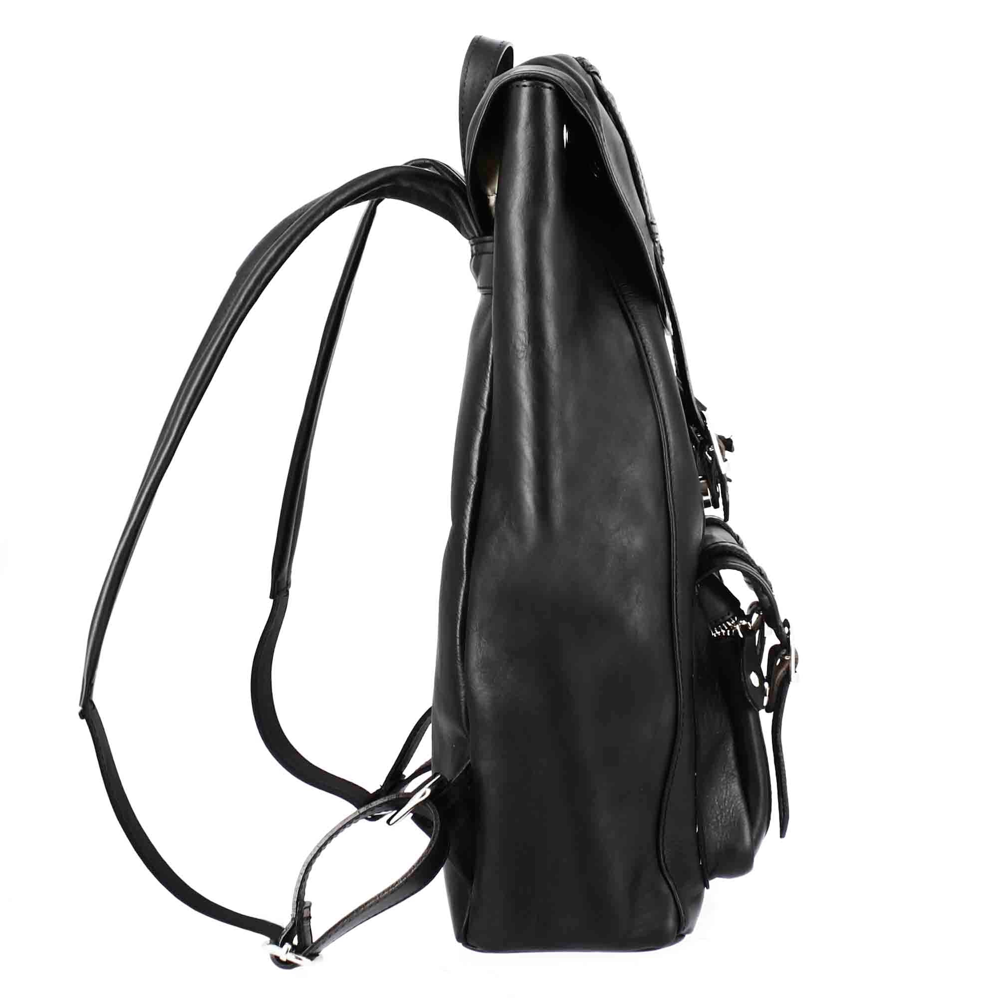 Black leather travel backpack with buckles