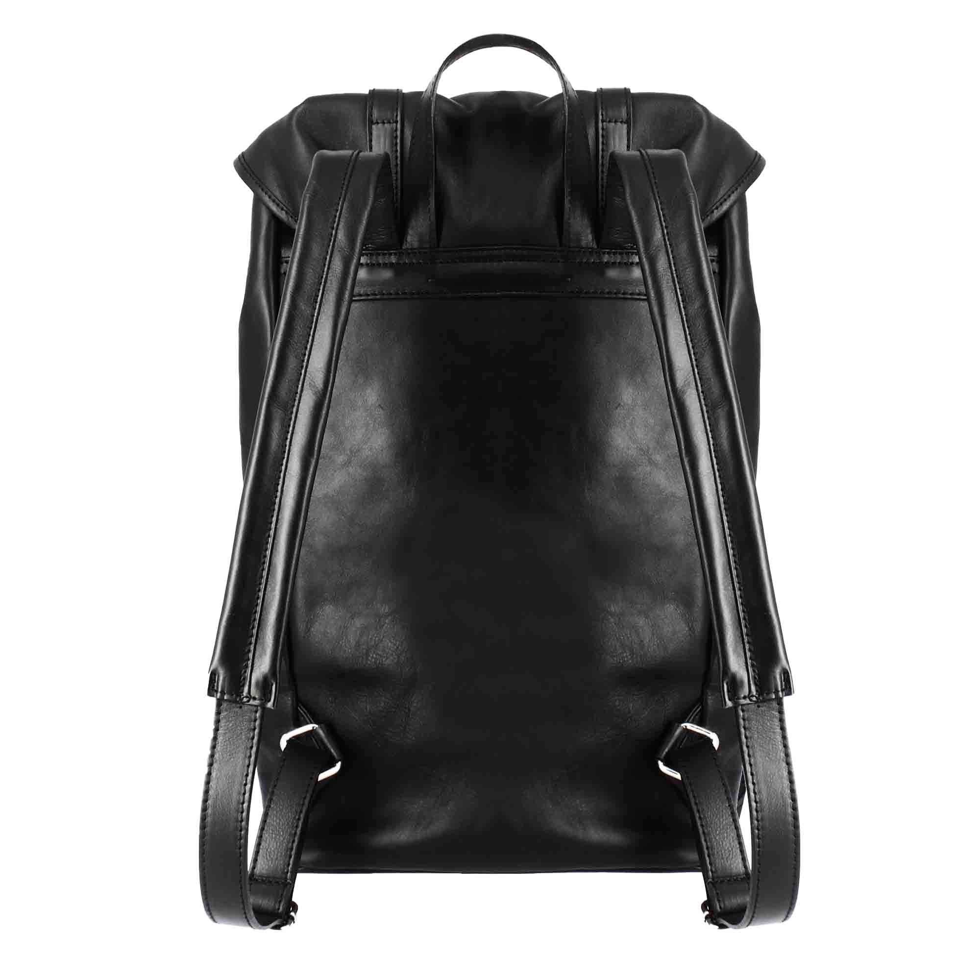 Black leather travel backpack with buckles