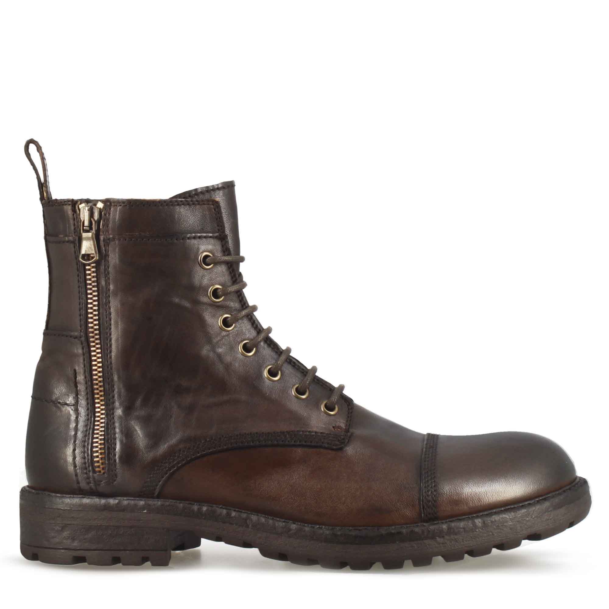 Men's dark brown leather lace-up and zip-up amphibian