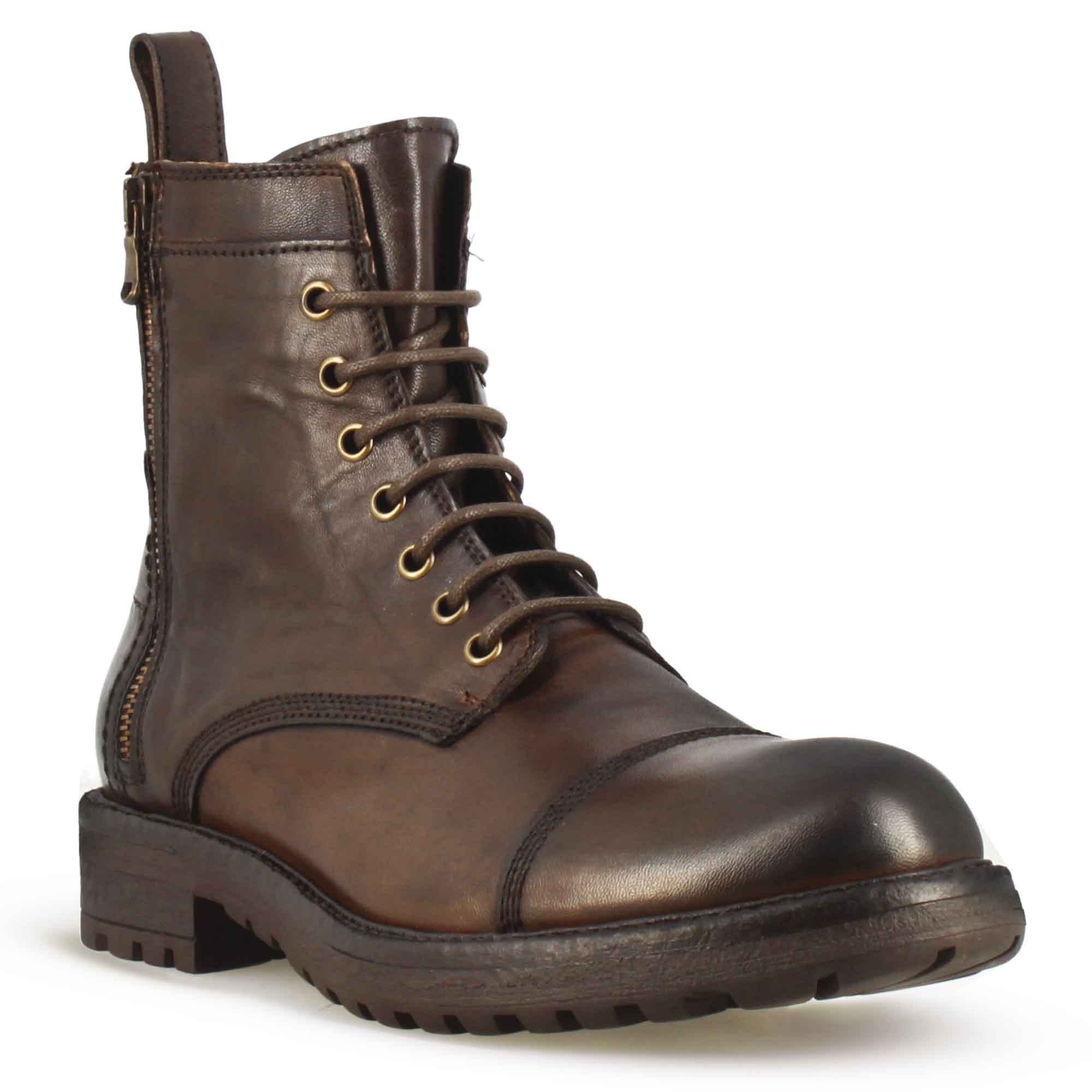 Men's dark brown leather lace-up and zip-up amphibian