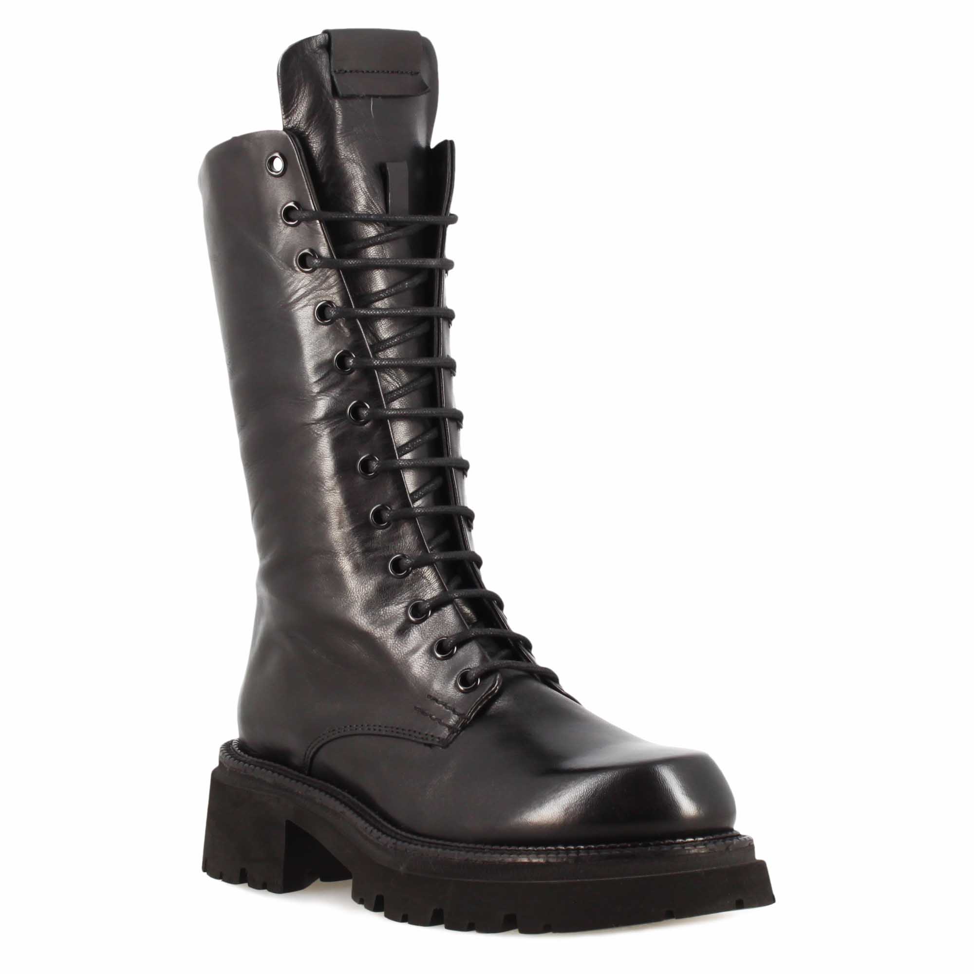 Bottine amphibie pour femme en cuir véritable noir avec laçage