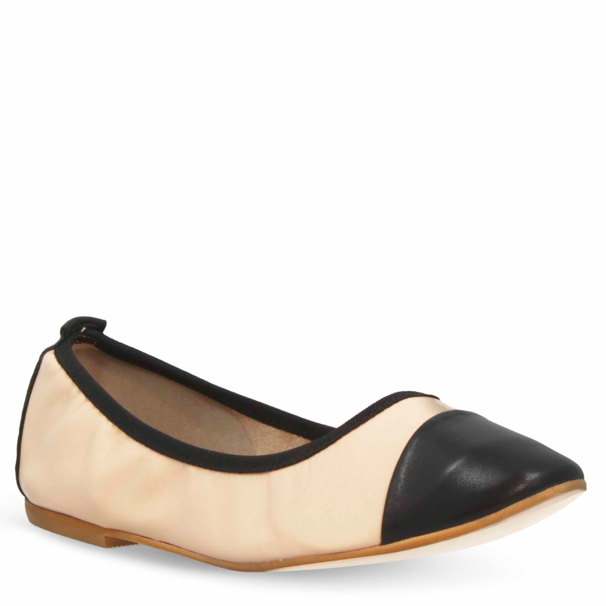 Ballerina artigianale tacco basso beige e nero