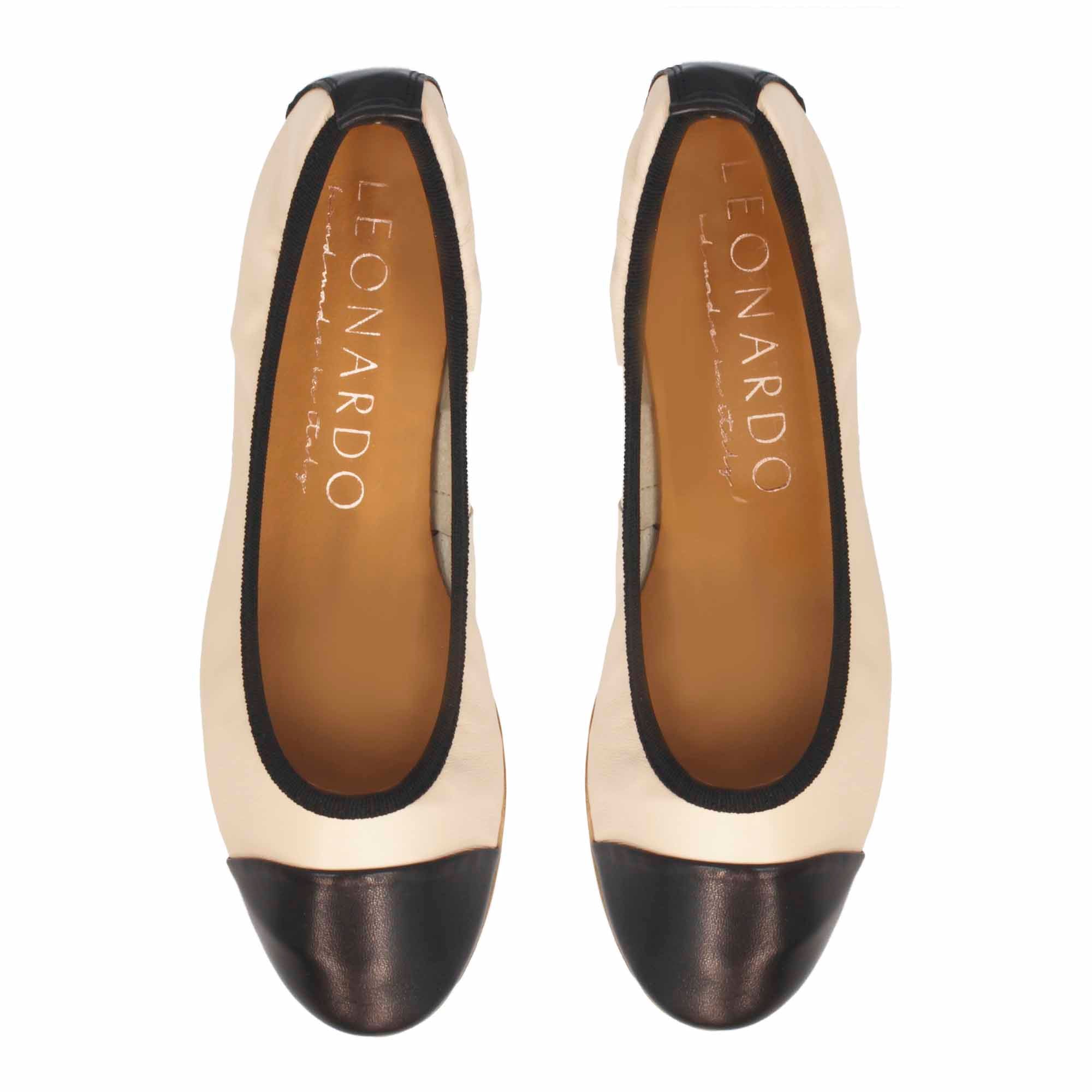 Ballerina artigianale tacco basso beige e nero