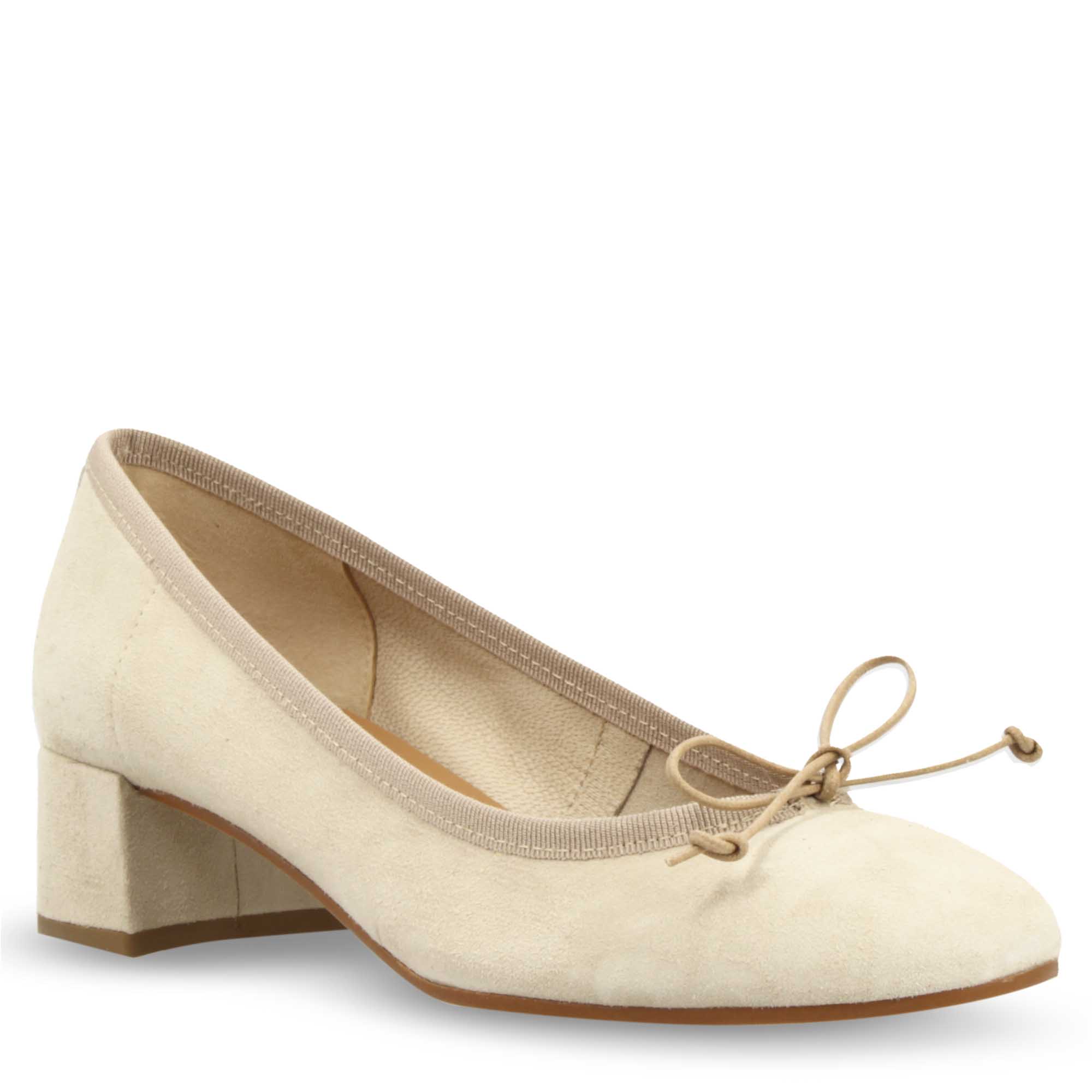 Ballerina artigianale tacco medio in camoscio beige