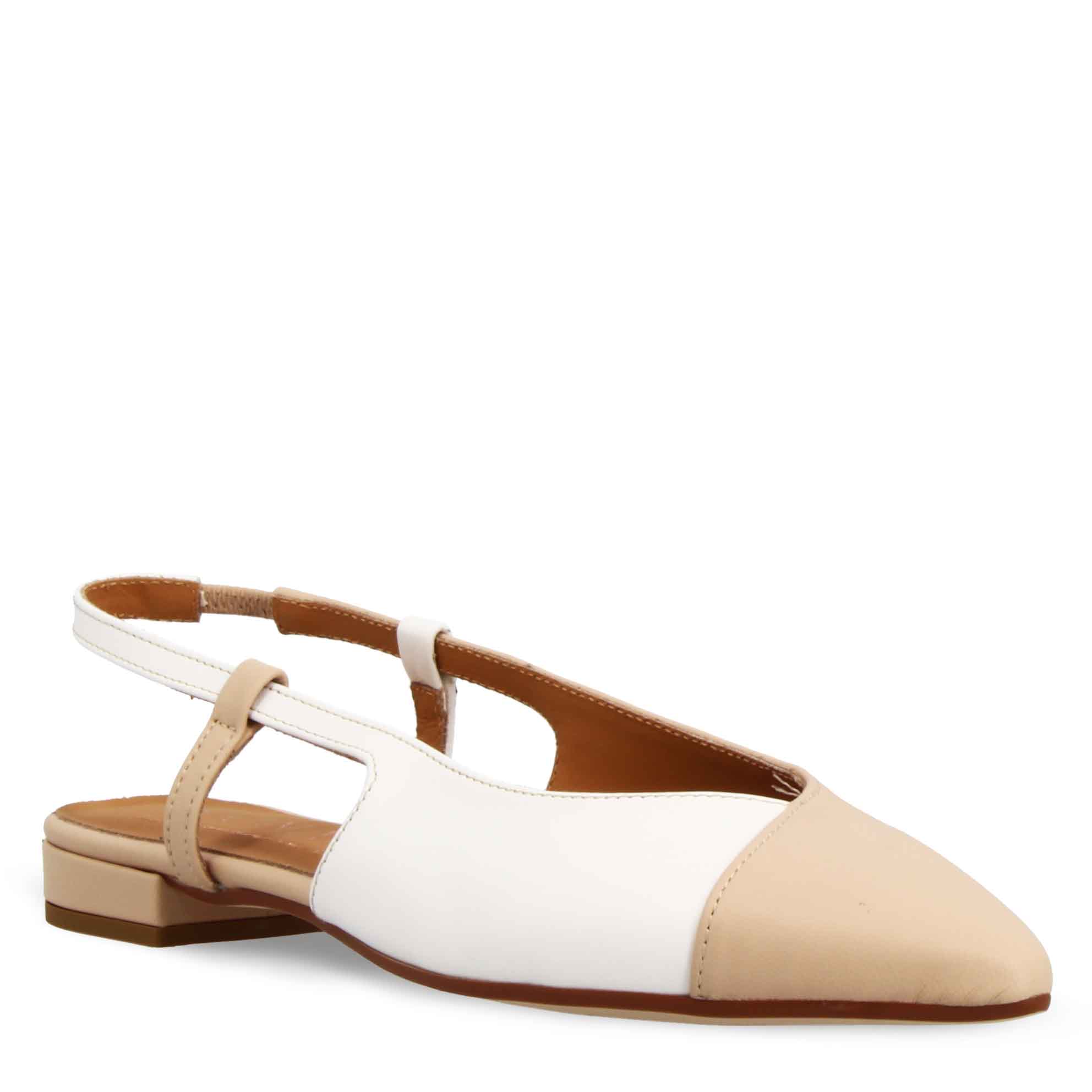 Ballerina slingback da donna in pelle bianco e beige