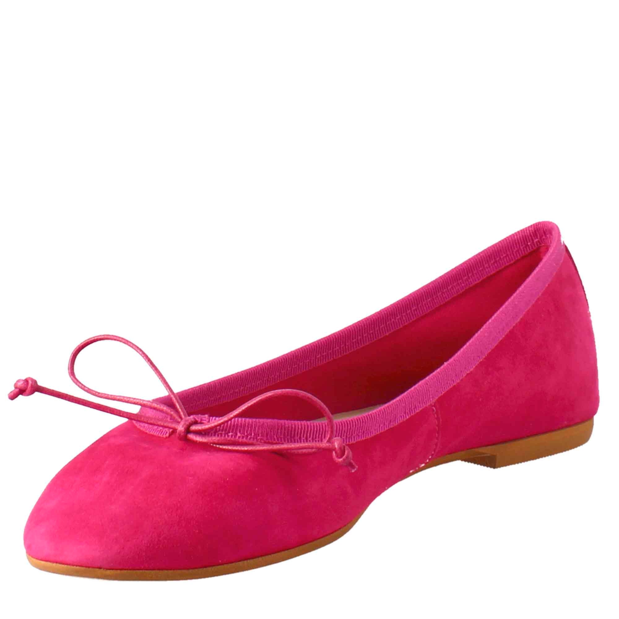 Light women's fuchsia-colored suede ballet flats without lining