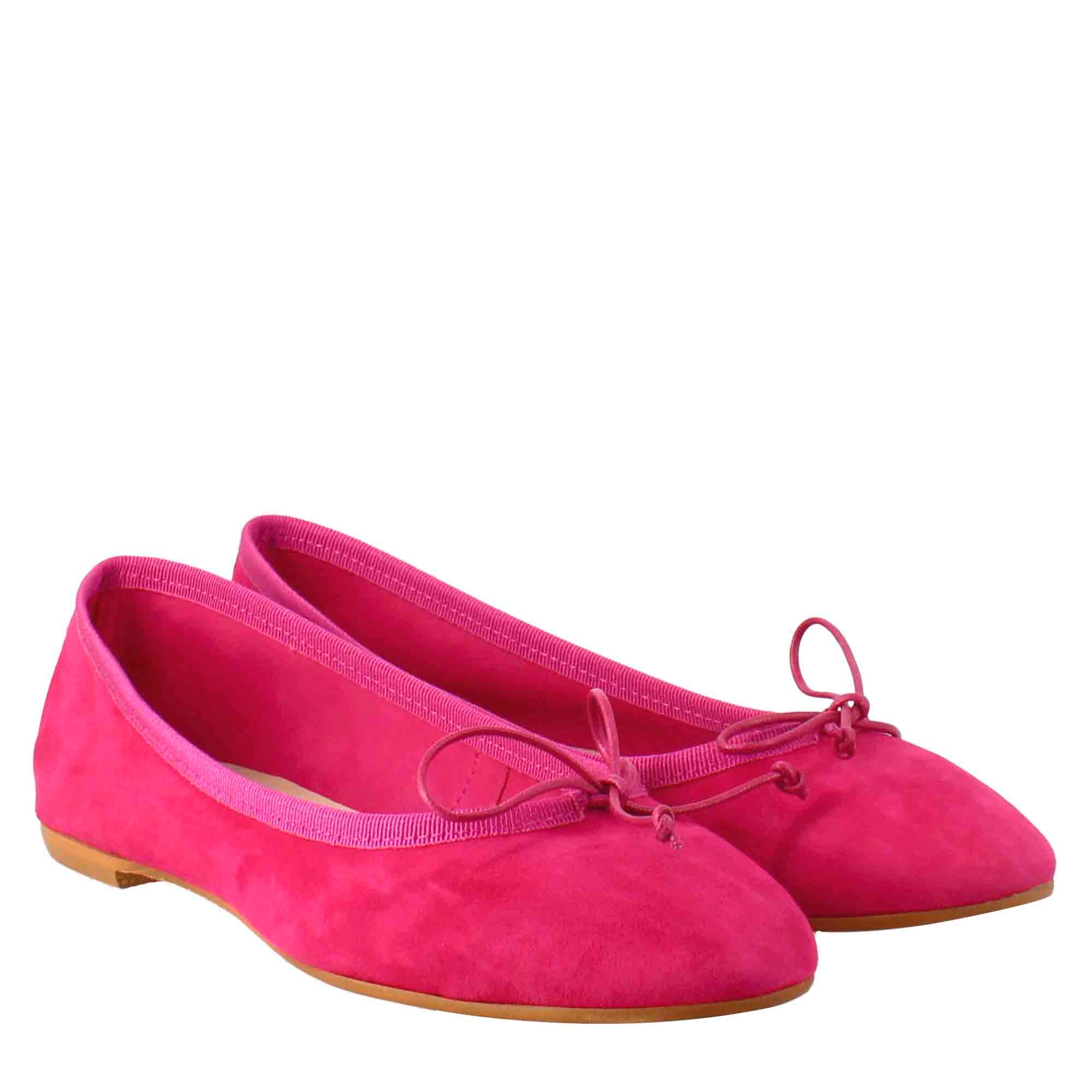 Light women's fuchsia-colored suede ballet flats without lining