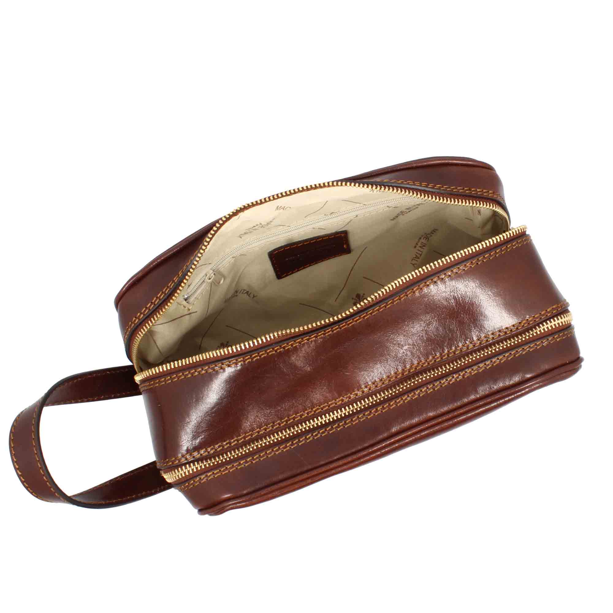 Grande trousse de toilette double en cuir pleine fleur avec double zip et poche utilitaire