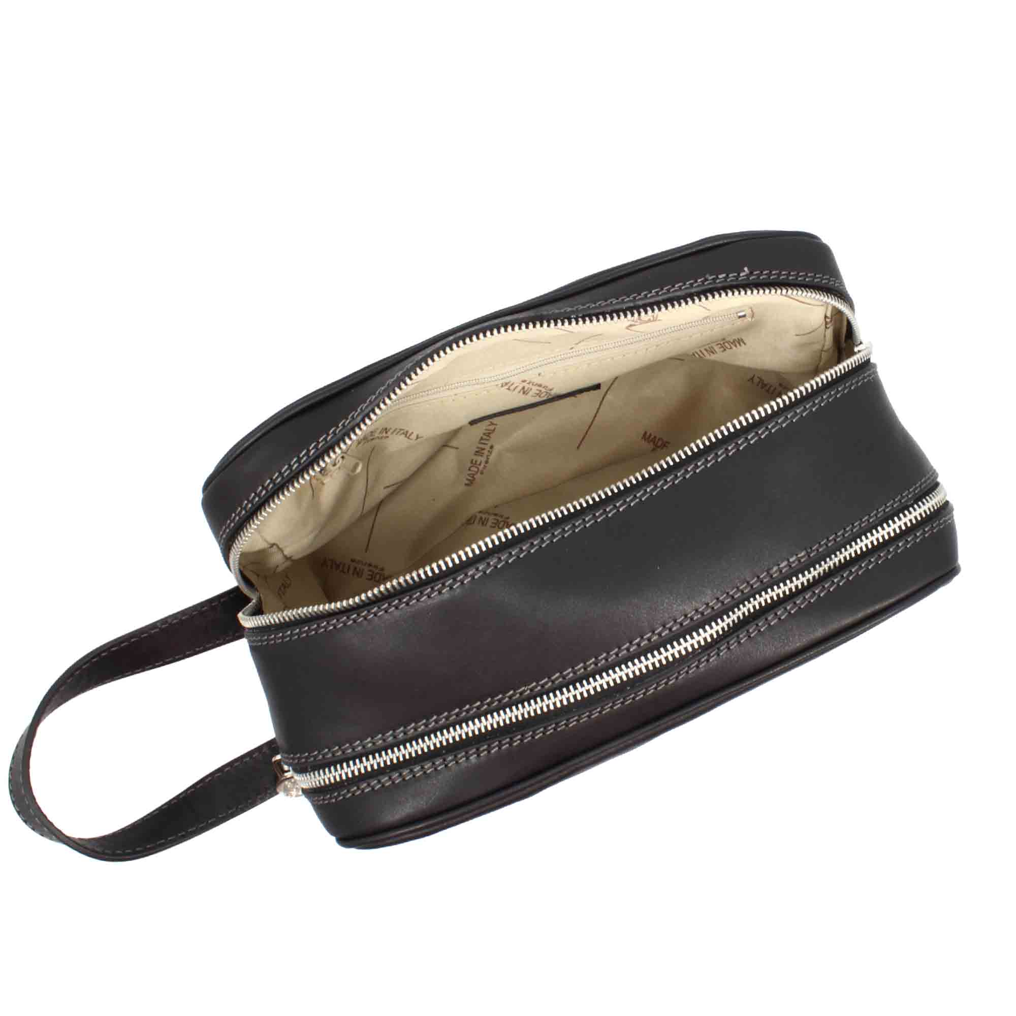 Grande trousse de toilette double en cuir pleine fleur avec double zip et poche utilitaire